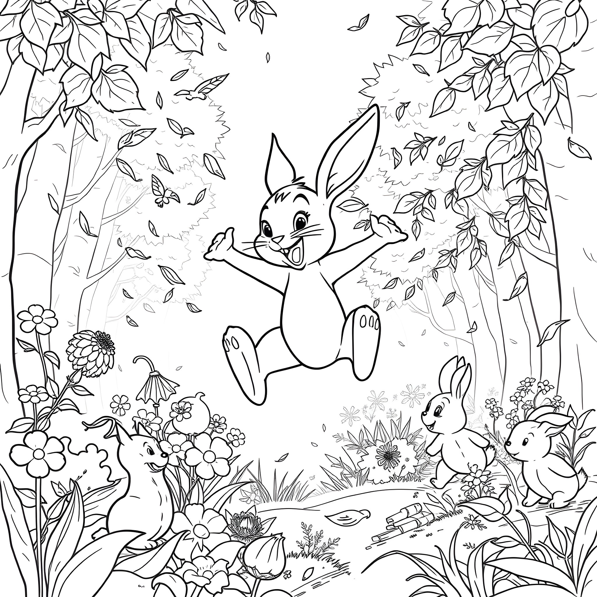 Thumper playing happily with bunnies in the forest Coloring Page (free black-and-white line drawing printable PDF for all, from beginners to advanced learners, including children, teens, adults, and seniors)