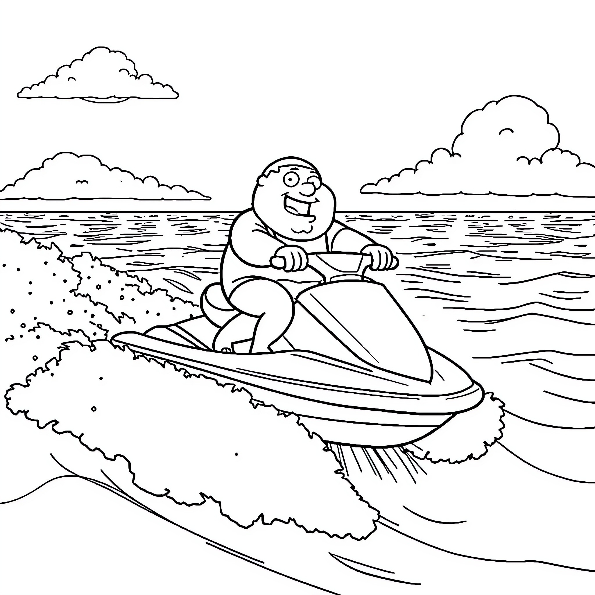 Peter Griffin enjoying a thrilling jet ski ride on the waves Coloring Page (free black-and-white line drawing printable PDF for all, from beginners to advanced learners, including children, teens, adults, and seniors)