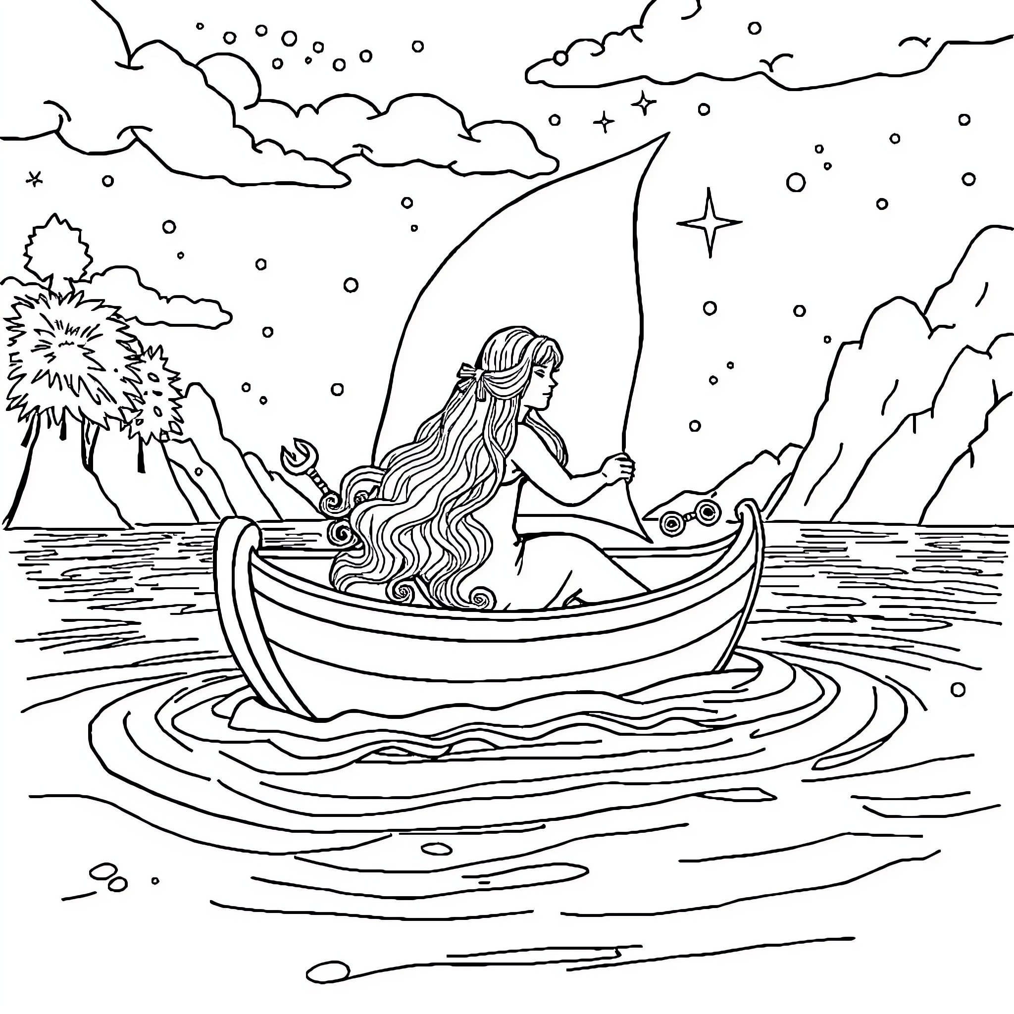 Mermaid sailing peacefully in a boat under the starry night sky Coloring Page (free black-and-white line drawing printable PDF for all, from beginners to advanced learners, including children, teens, adults, and seniors)