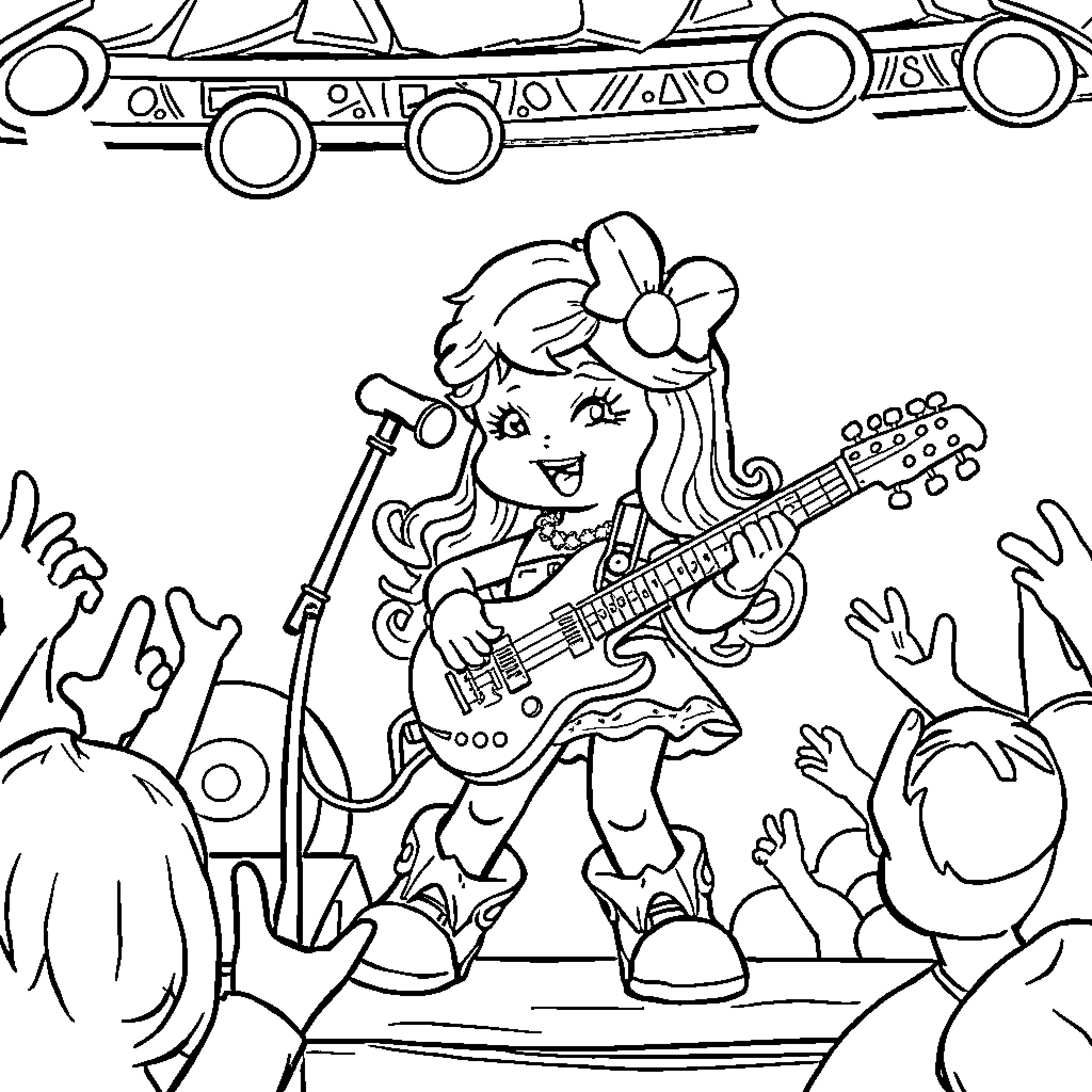 Strawberry Shortcake performing on stage with a guitar Coloring Page (free black-and-white line drawing printable PDF for all, from beginners to advanced learners, including children, teens, adults, and seniors)