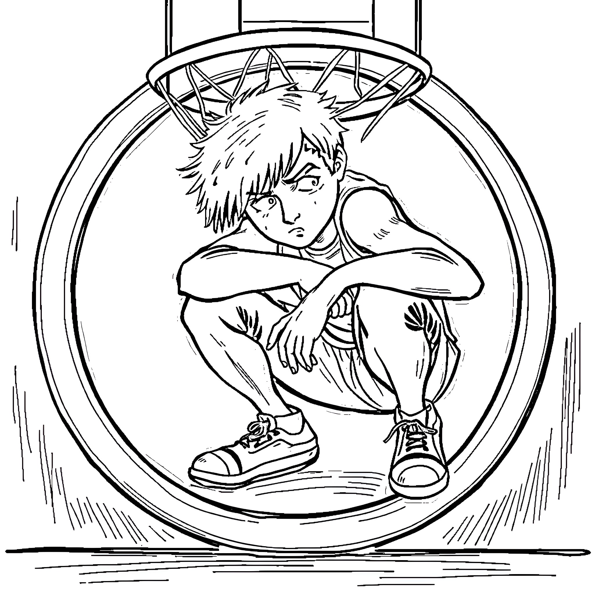 Person sitting alone in basketball hoop Coloring Page (free black-and-white line drawing printable PDF for all, from beginners to advanced learners, including children, teens, adults, and seniors)