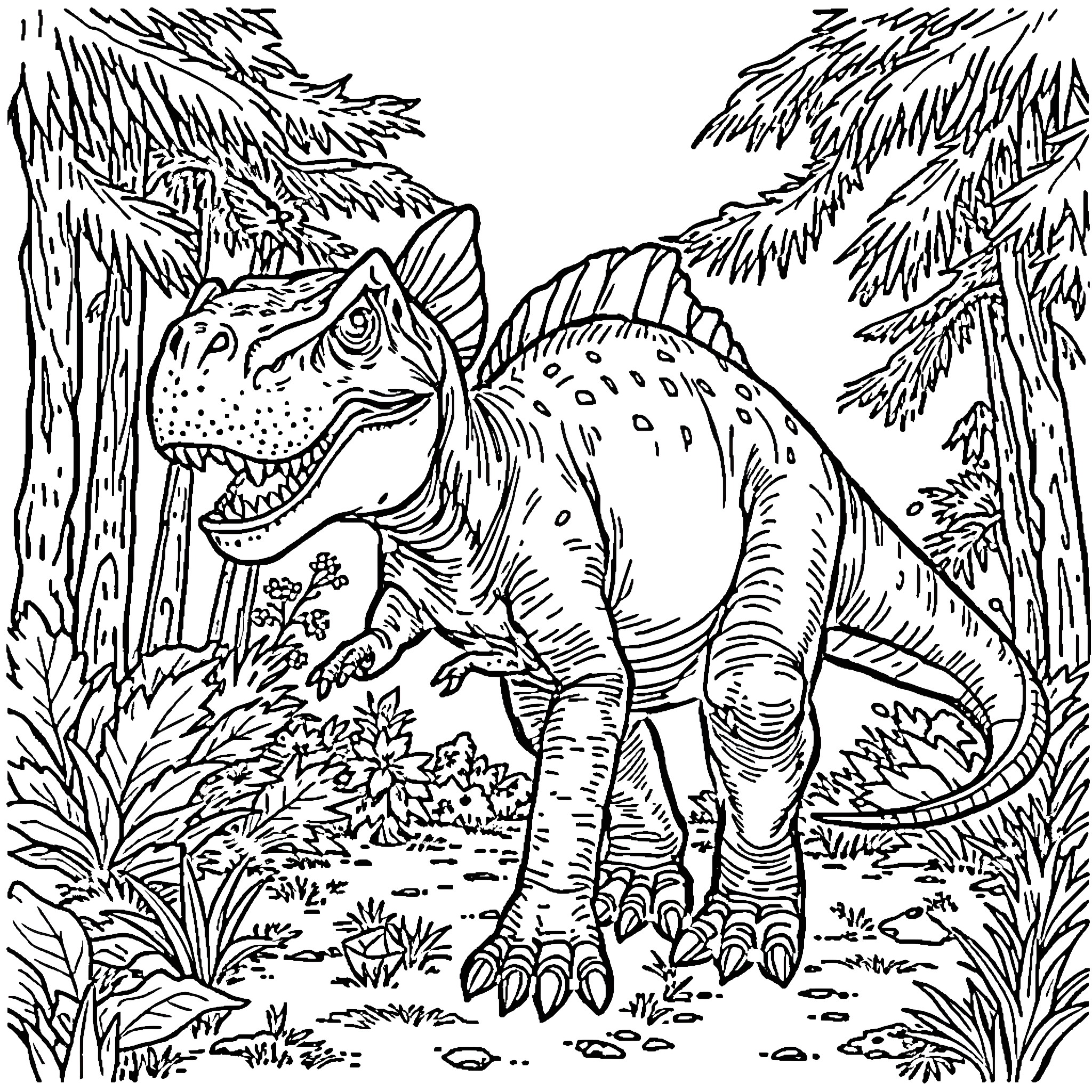 Dinosaur roaming in the prehistoric forest Coloring Page (free black-and-white line drawing printable PDF for all, from beginners to advanced learners, including children, teens, adults, and seniors)