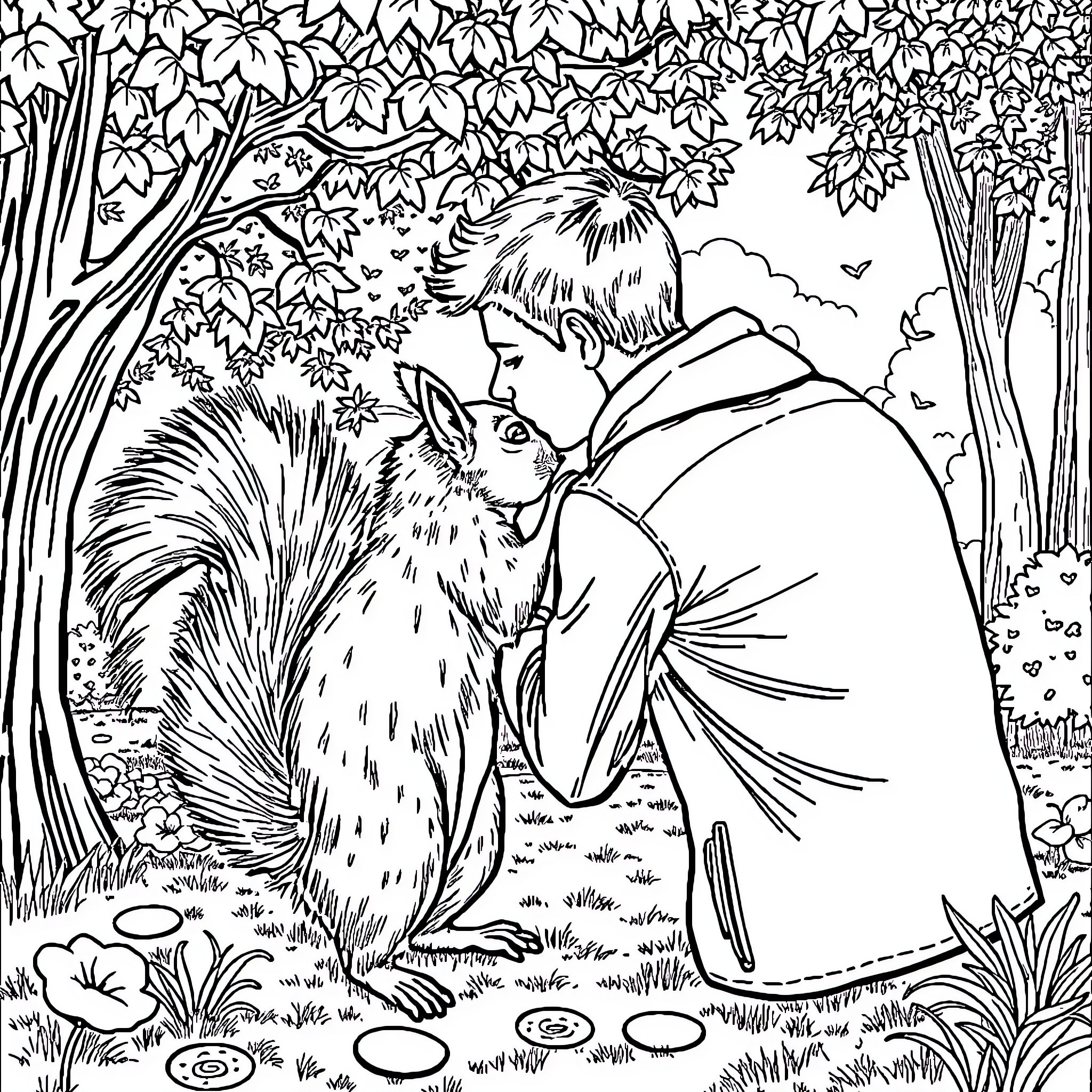 Man interacting with woodland creature in forest Coloring Page (free black-and-white line drawing printable PDF for all, from beginners to advanced learners, including children, teens, adults, and seniors)