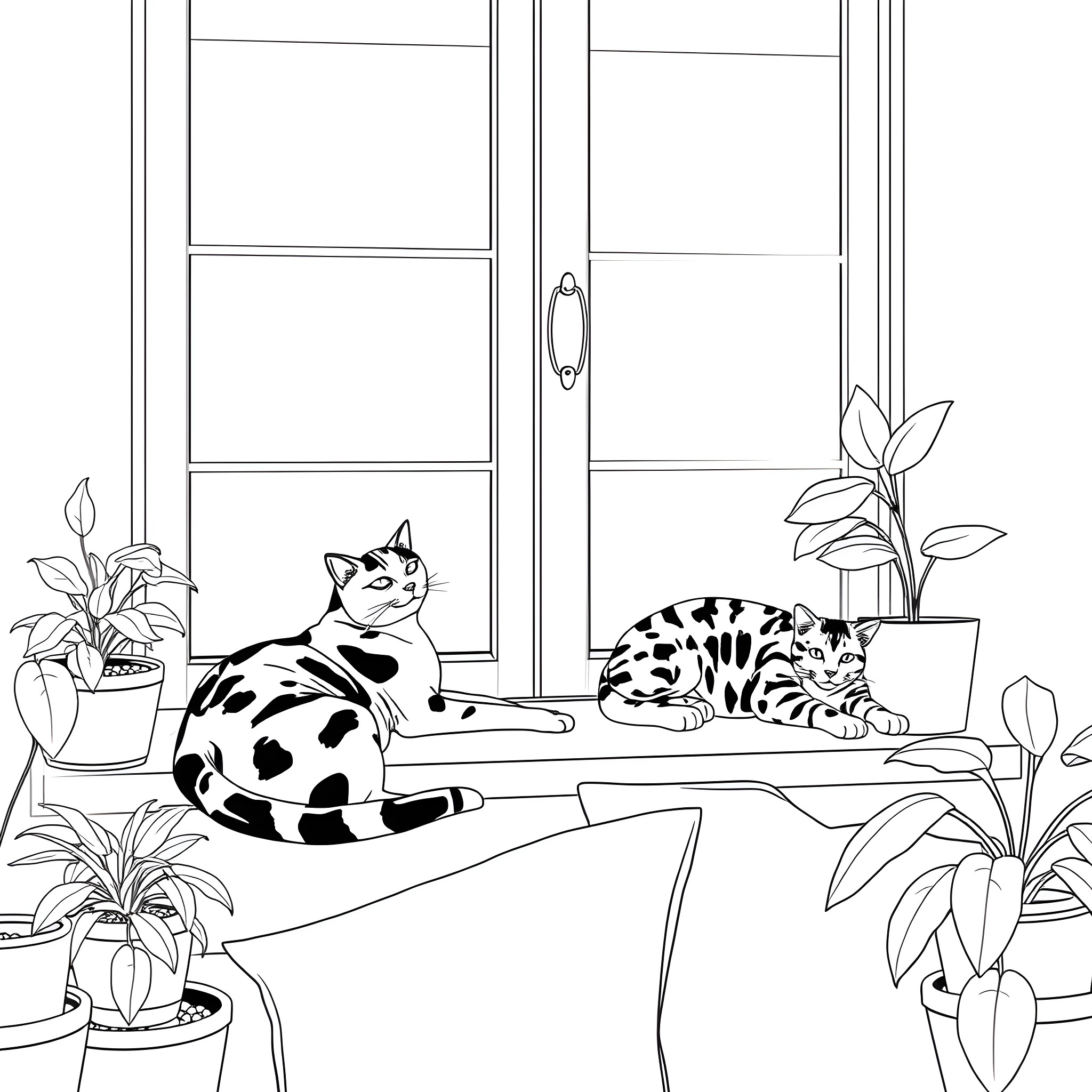 Cats resting in a cozy indoor scene Coloring Page (free black-and-white line drawing printable PDF for all, from beginners to advanced learners, including children, teens, adults, and seniors)