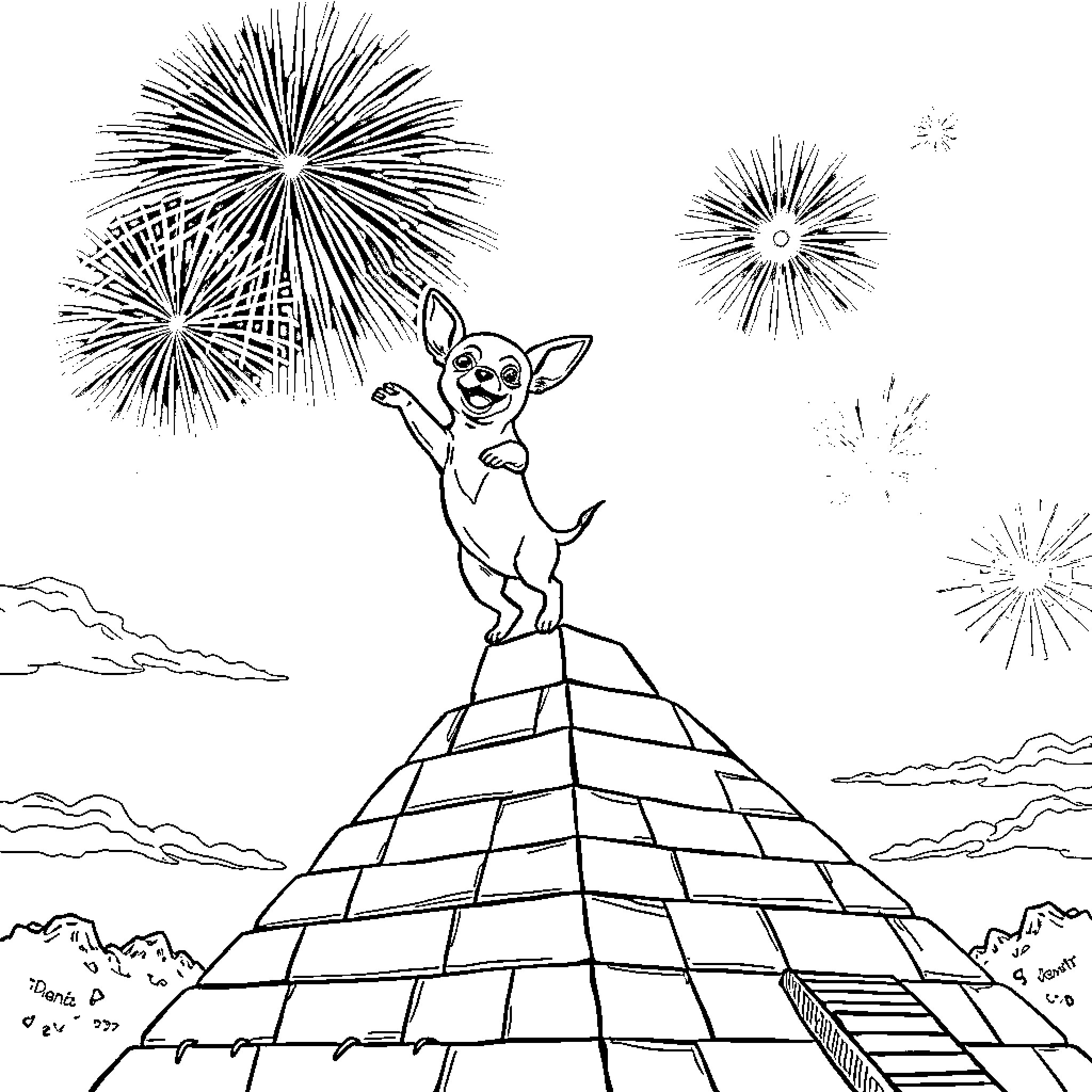 Chihuahua celebrating on a pyramid with fireworks Coloring Page (free black-and-white line drawing printable PDF for all, from beginners to advanced learners, including children, teens, adults, and seniors)