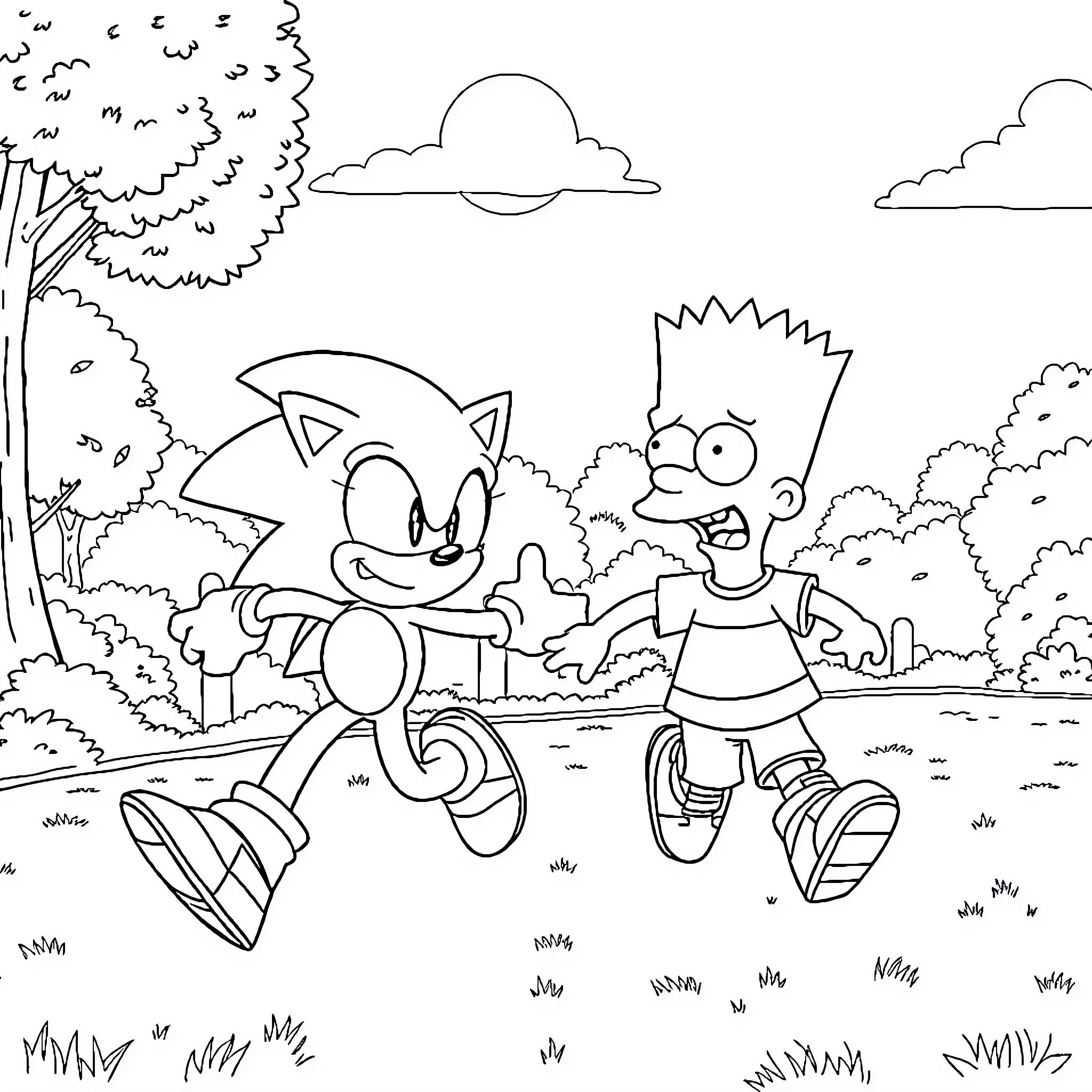 Sonic and Bart's Cartoon Adventure in the Woods Coloring Page (free black-and-white line drawing printable PDF for all, from beginners to advanced learners, including children, teens, adults, and seniors)