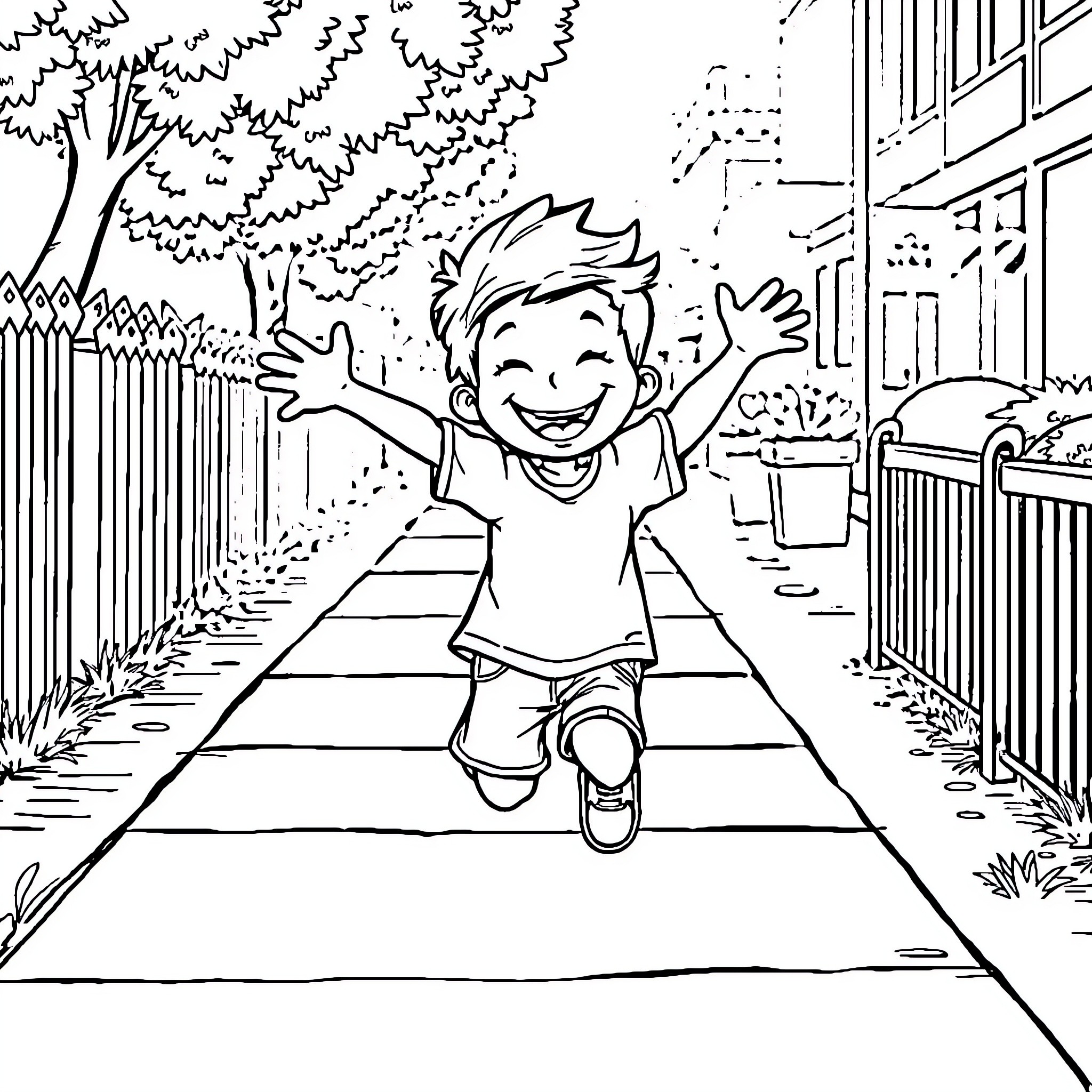Kid Happily Running Down the Path Coloring Page (free black-and-white line drawing printable PDF for all, from beginners to advanced learners, including children, teens, adults, and seniors)