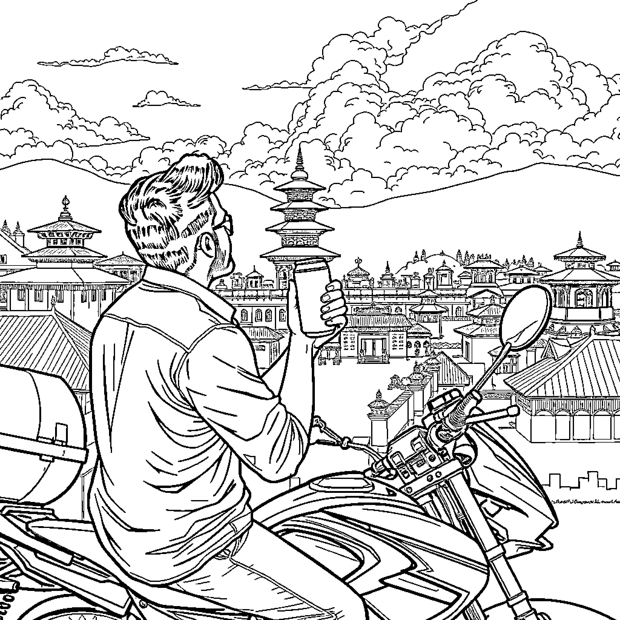 Man riding motorcycle through scenic cityscape Coloring Page (free black-and-white line drawing printable PDF for all, from beginners to advanced learners, including children, teens, adults, and seniors)