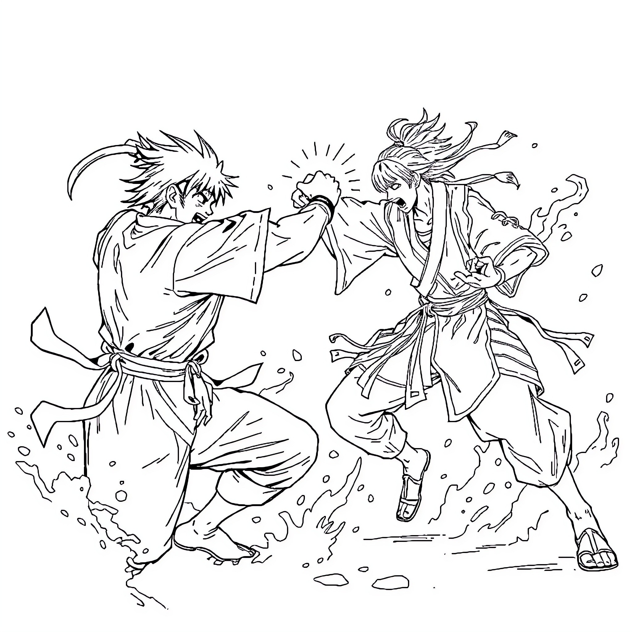 Kai's Epic Martial Arts Battle Coloring Page (free black-and-white line drawing printable PDF for all, from beginners to advanced learners, including children, teens, adults, and seniors)