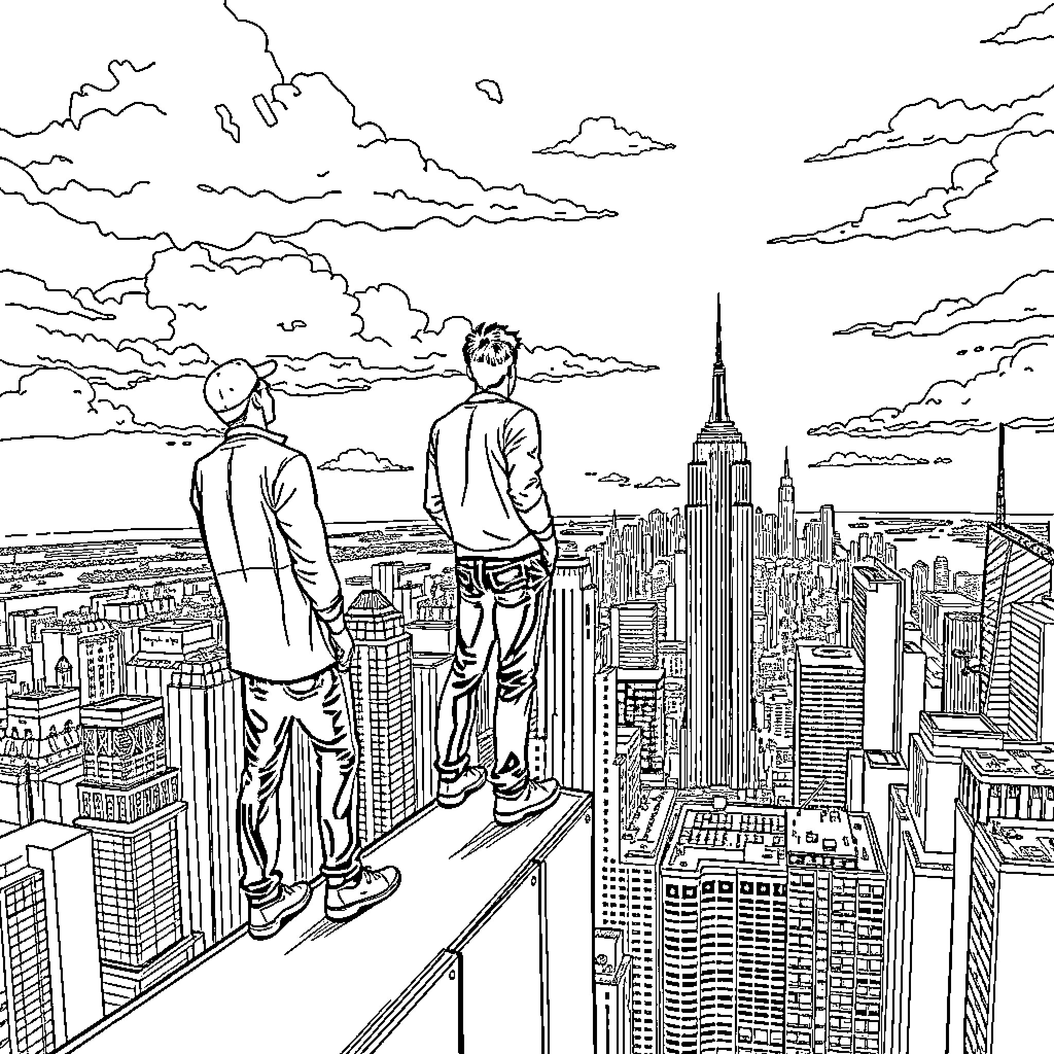 Man gazing at the cityscape from a high vantage point Coloring Page (free black-and-white line drawing printable PDF for all, from beginners to advanced learners, including children, teens, adults, and seniors)