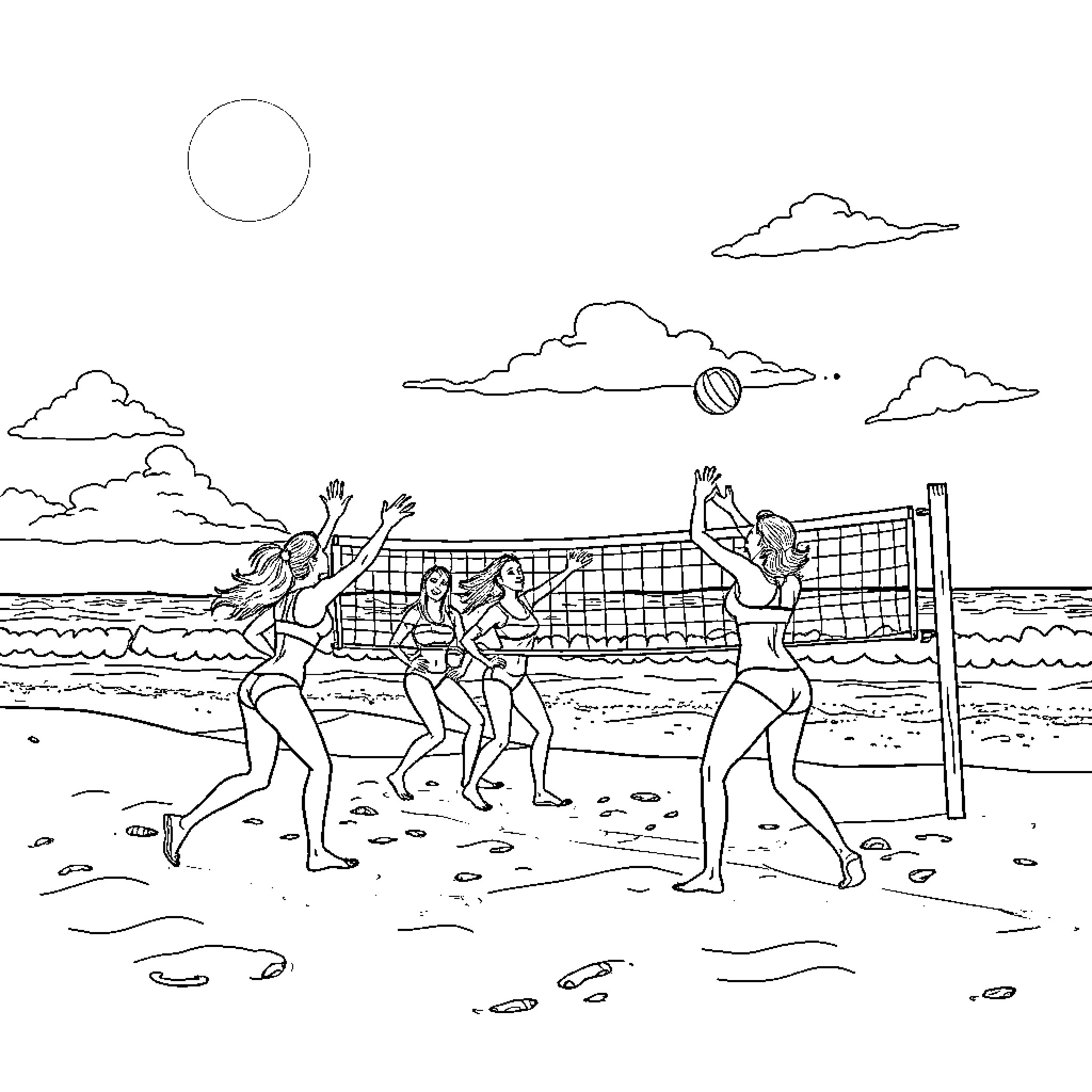 Women playing beach volleyball on sunny day Coloring Page (free black-and-white line drawing printable PDF for all, from beginners to advanced learners, including children, teens, adults, and seniors)
