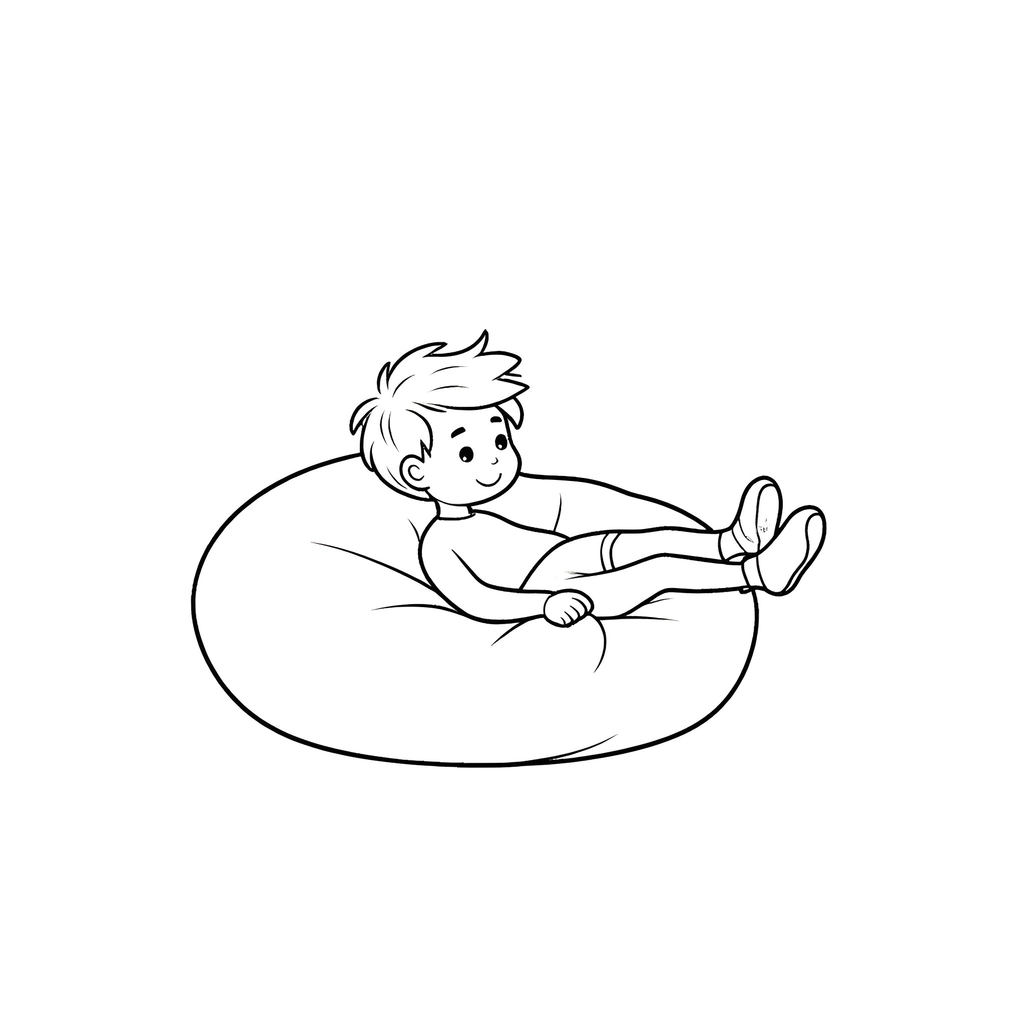 Boy sitting comfortably in a relaxing pose Coloring Page (free black-and-white line drawing printable PDF for all, from beginners to advanced learners, including children, teens, adults, and seniors)