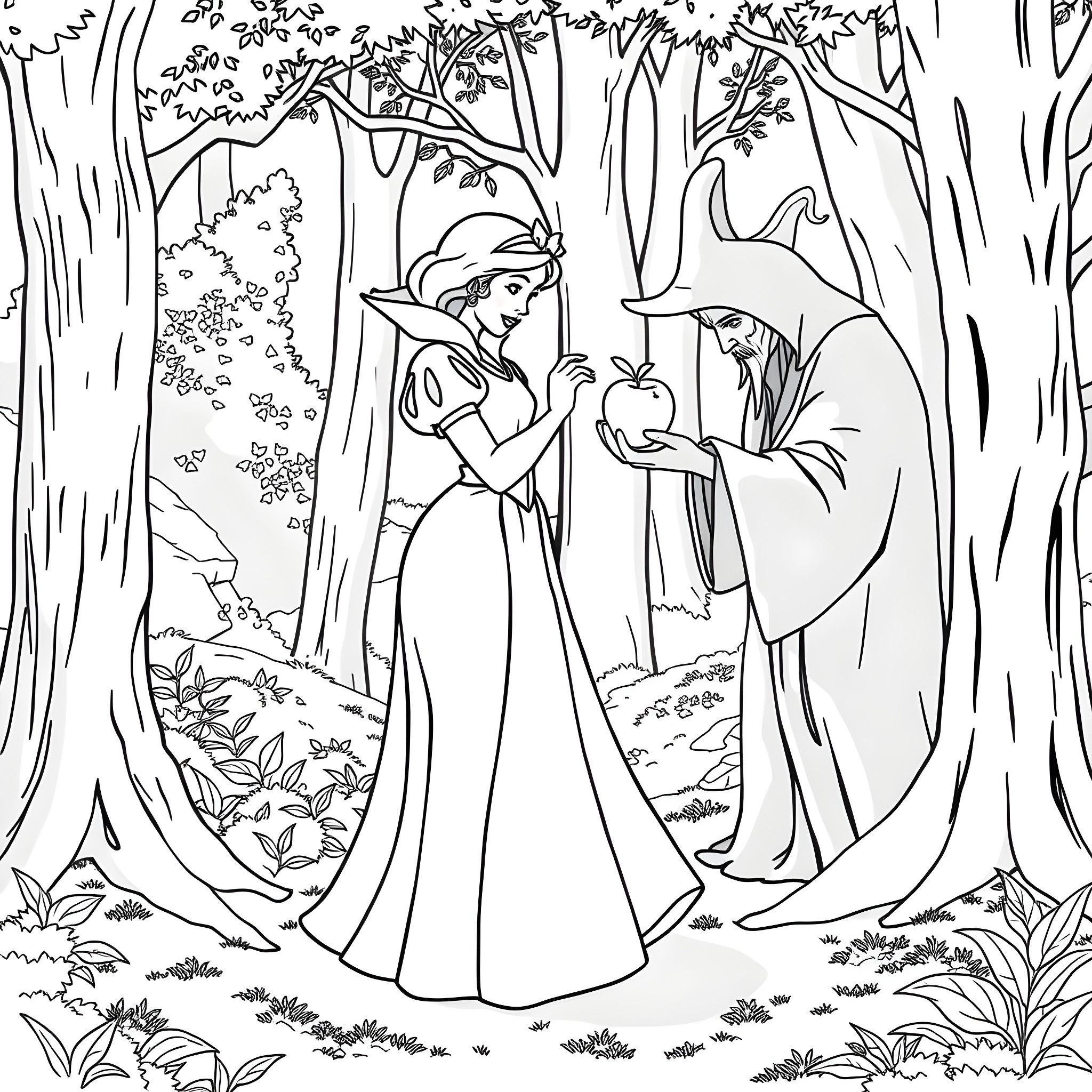 Apple Princess conversing with magical forest creature Coloring Page (free black-and-white line drawing printable PDF for all, from beginners to advanced learners, including children, teens, adults, and seniors)