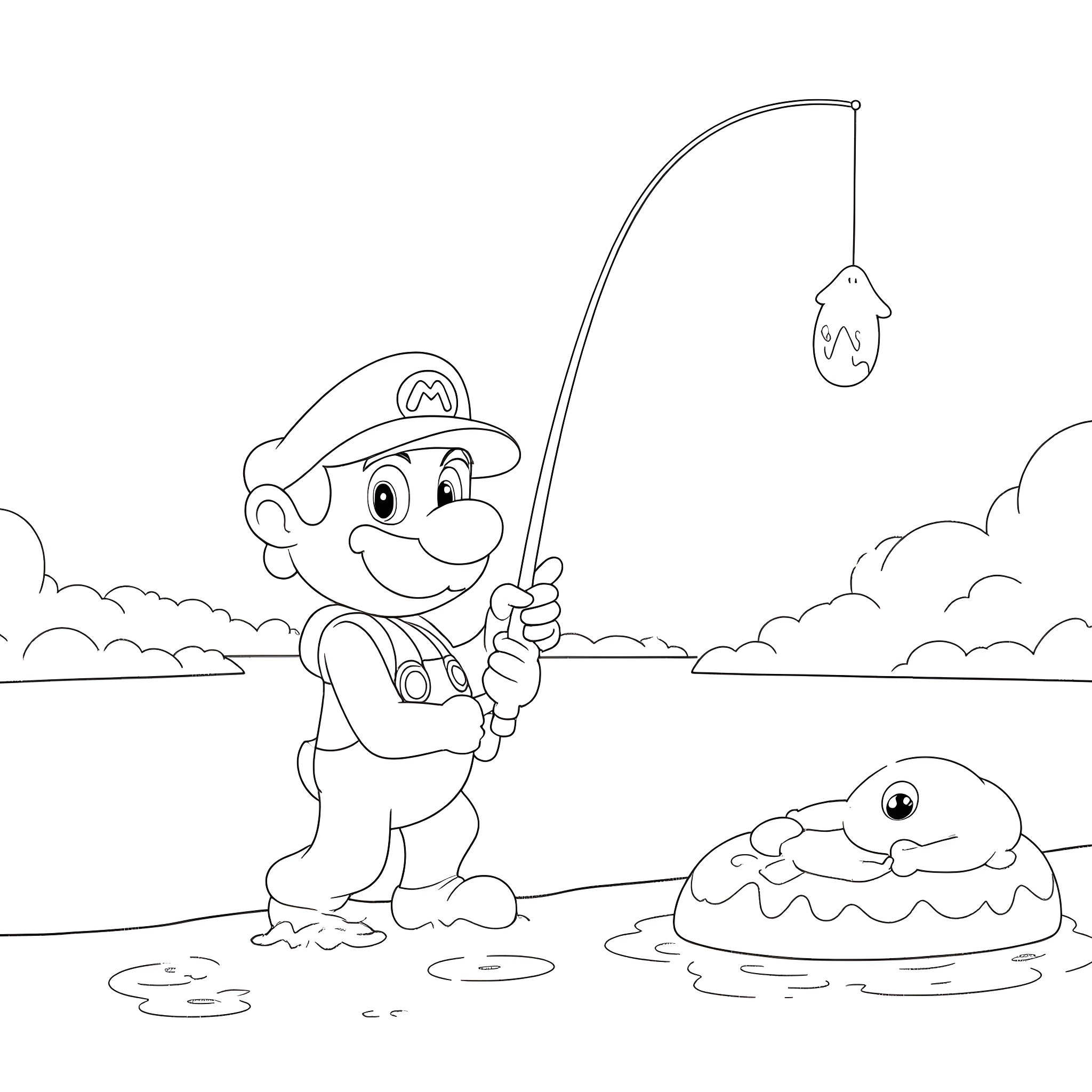 Mario Fishing Happily in a Cloudy Pond Coloring Page (free black-and-white line drawing printable PDF for all, from beginners to advanced learners, including children, teens, adults, and seniors)