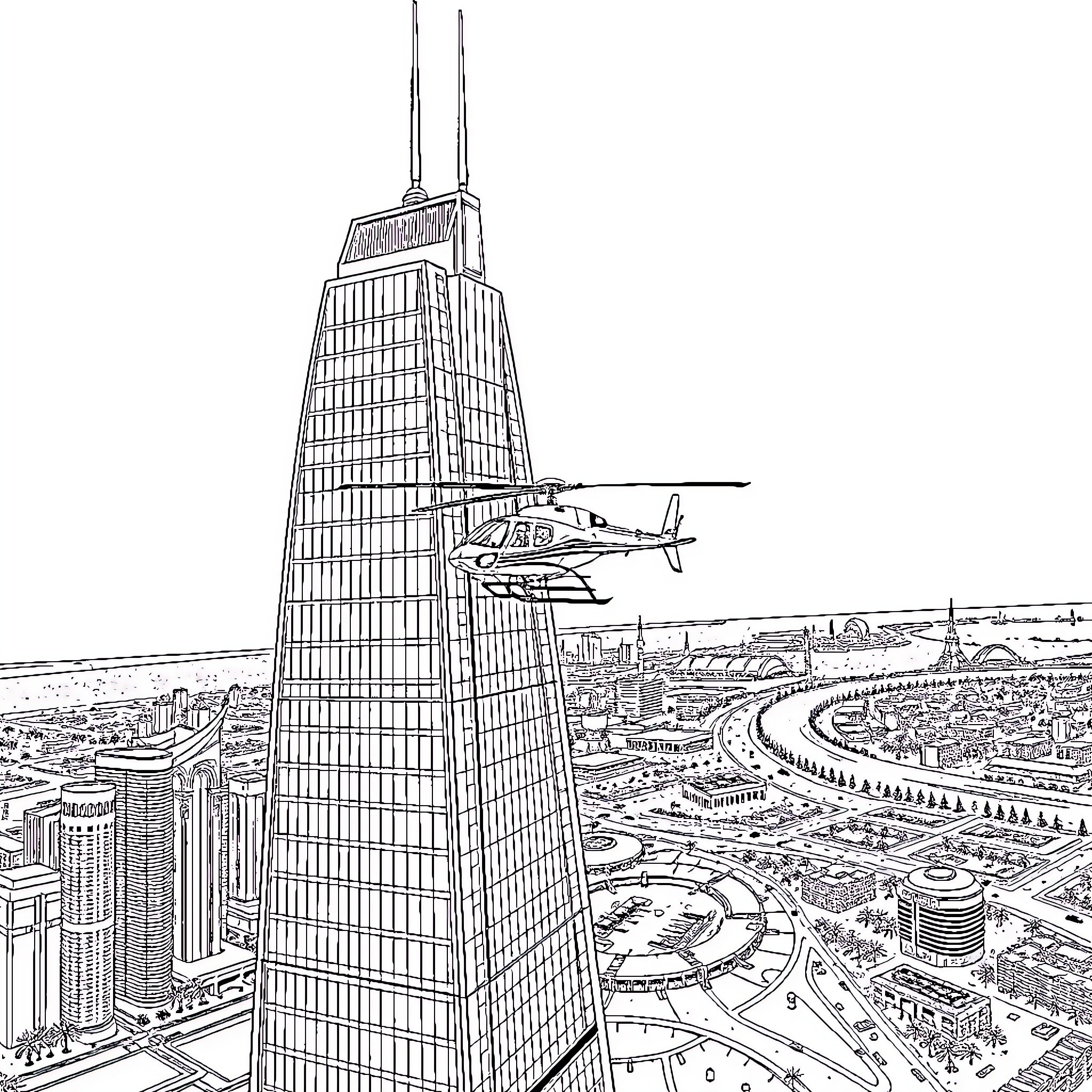 Helicopter flying above modern cityscape Coloring Page (free black-and-white line drawing printable PDF for all, from beginners to advanced learners, including children, teens, adults, and seniors)