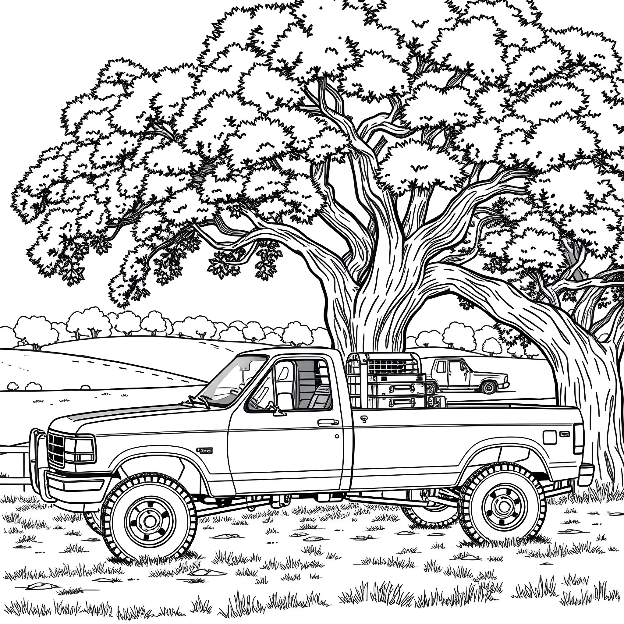 Flatbed truck parked under a majestic tree Coloring Page (free black-and-white line drawing printable PDF for all, from beginners to advanced learners, including children, teens, adults, and seniors)