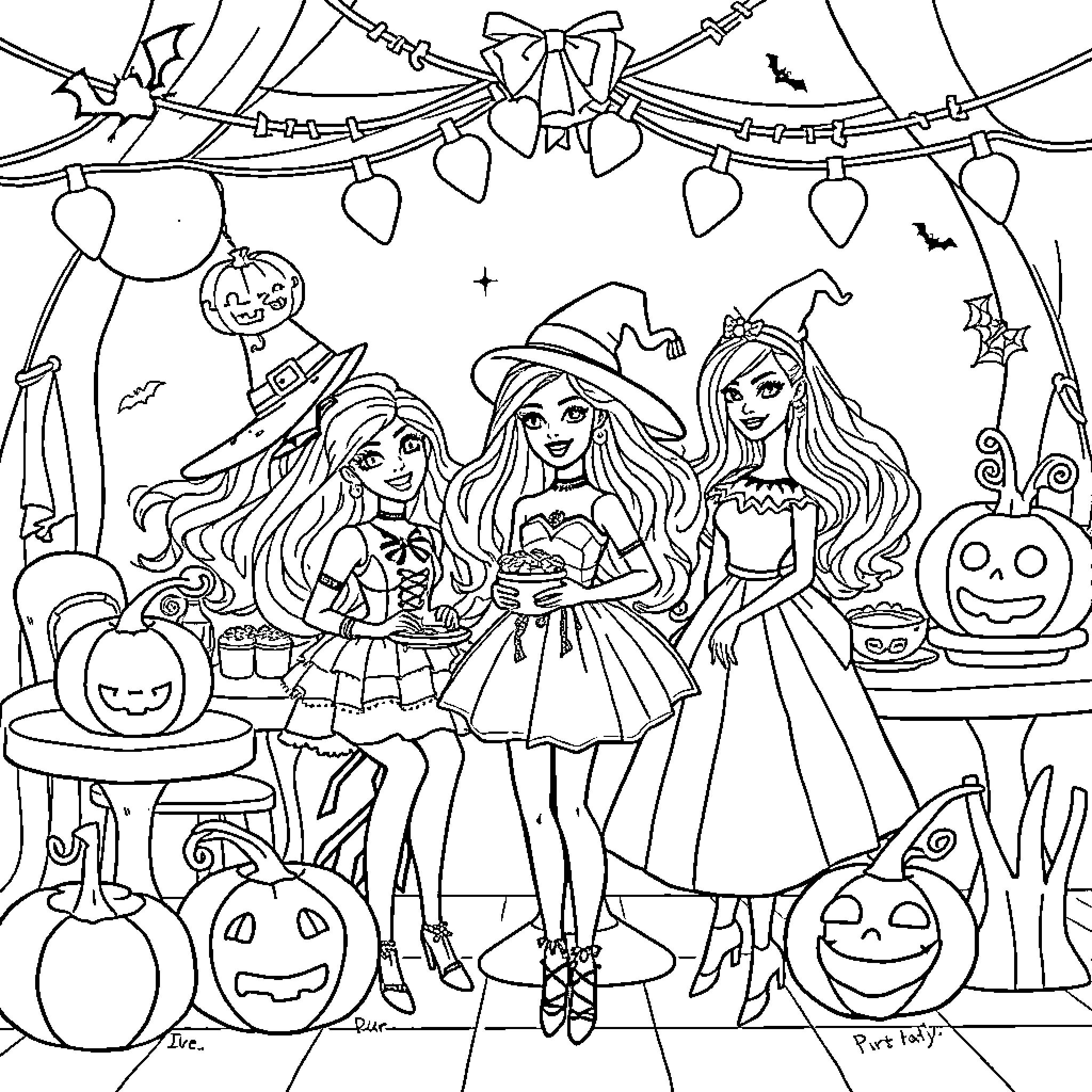 Barbie's Halloween Party with Friends Coloring Page (free black-and-white line drawing printable PDF for all, from beginners to advanced learners, including children, teens, adults, and seniors)