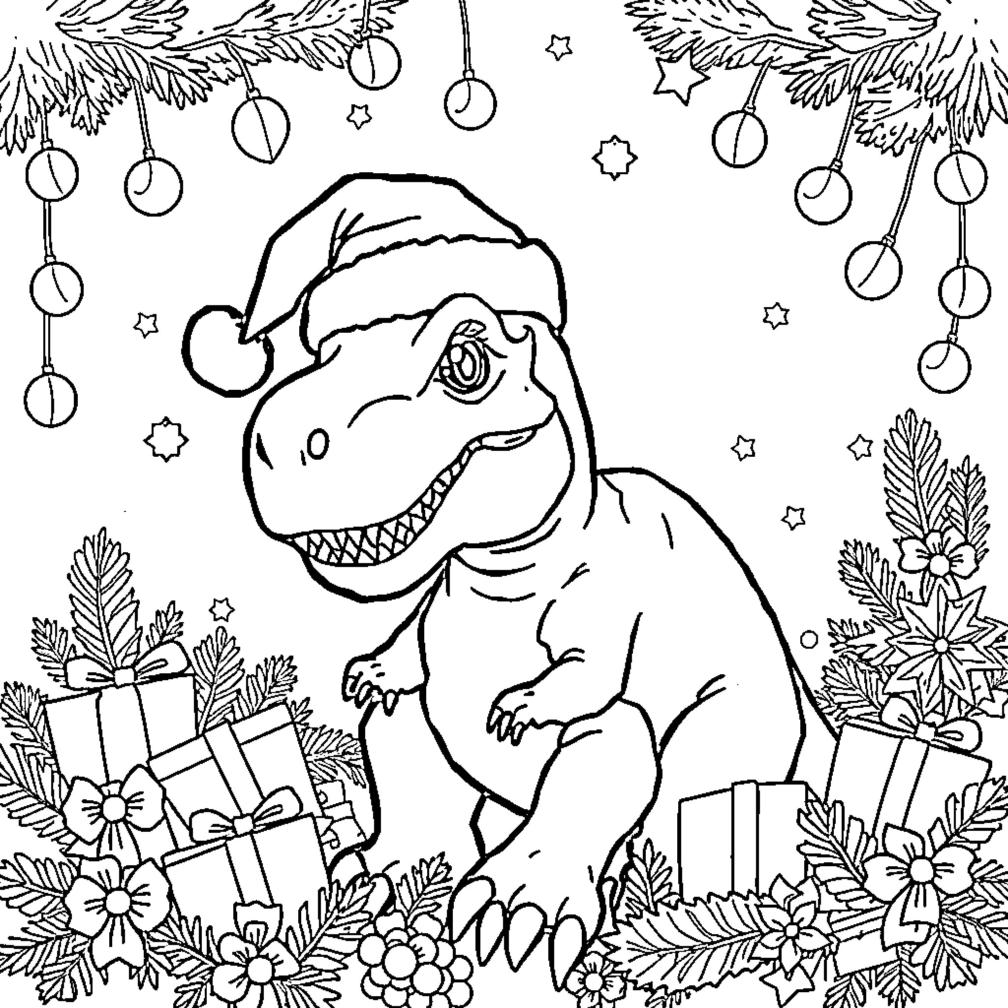 Dinosaur enjoying Christmas decorations and gifts Coloring Page (free black-and-white line drawing printable PDF for all, from beginners to advanced learners, including children, teens, adults, and seniors)