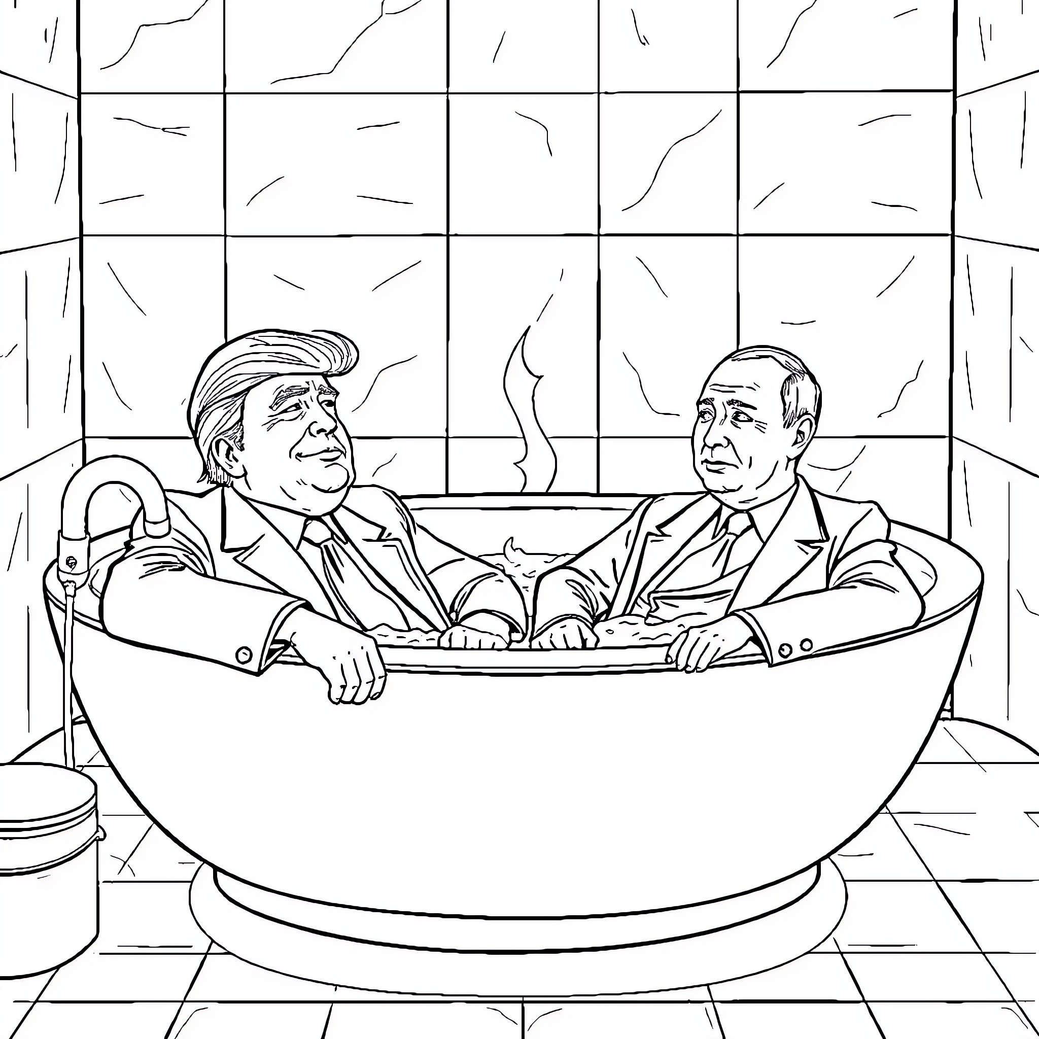 Trump and associate relaxing in a luxurious bathtub Coloring Page (free black-and-white line drawing printable PDF for all, from beginners to advanced learners, including children, teens, adults, and seniors)