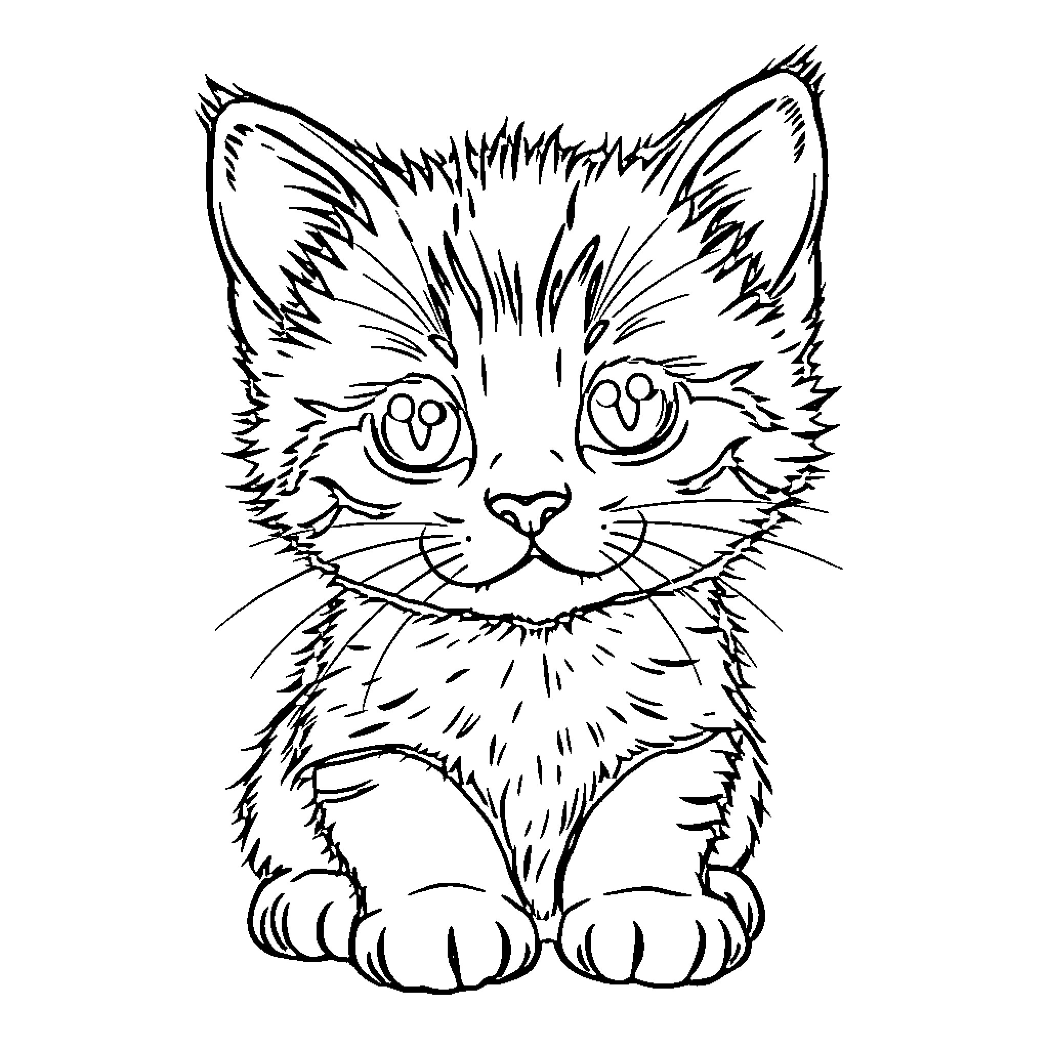 Kitten with big eyes gazing intently Coloring Page (free black-and-white line drawing printable PDF for all, from beginners to advanced learners, including children, teens, adults, and seniors)