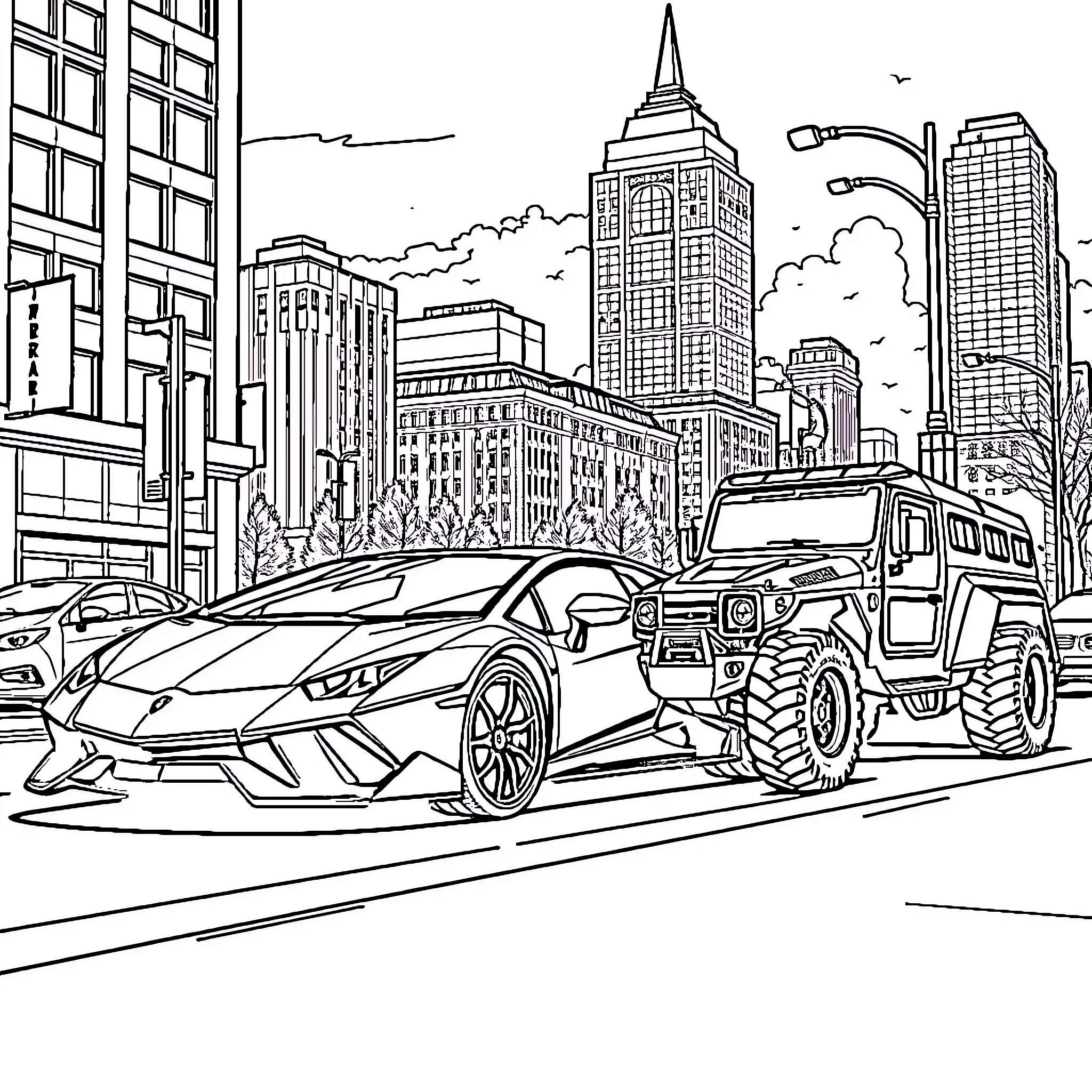 Lamborghini sports car and military truck in the city Coloring Page (free black-and-white line drawing printable PDF for all, from beginners to advanced learners, including children, teens, adults, and seniors)