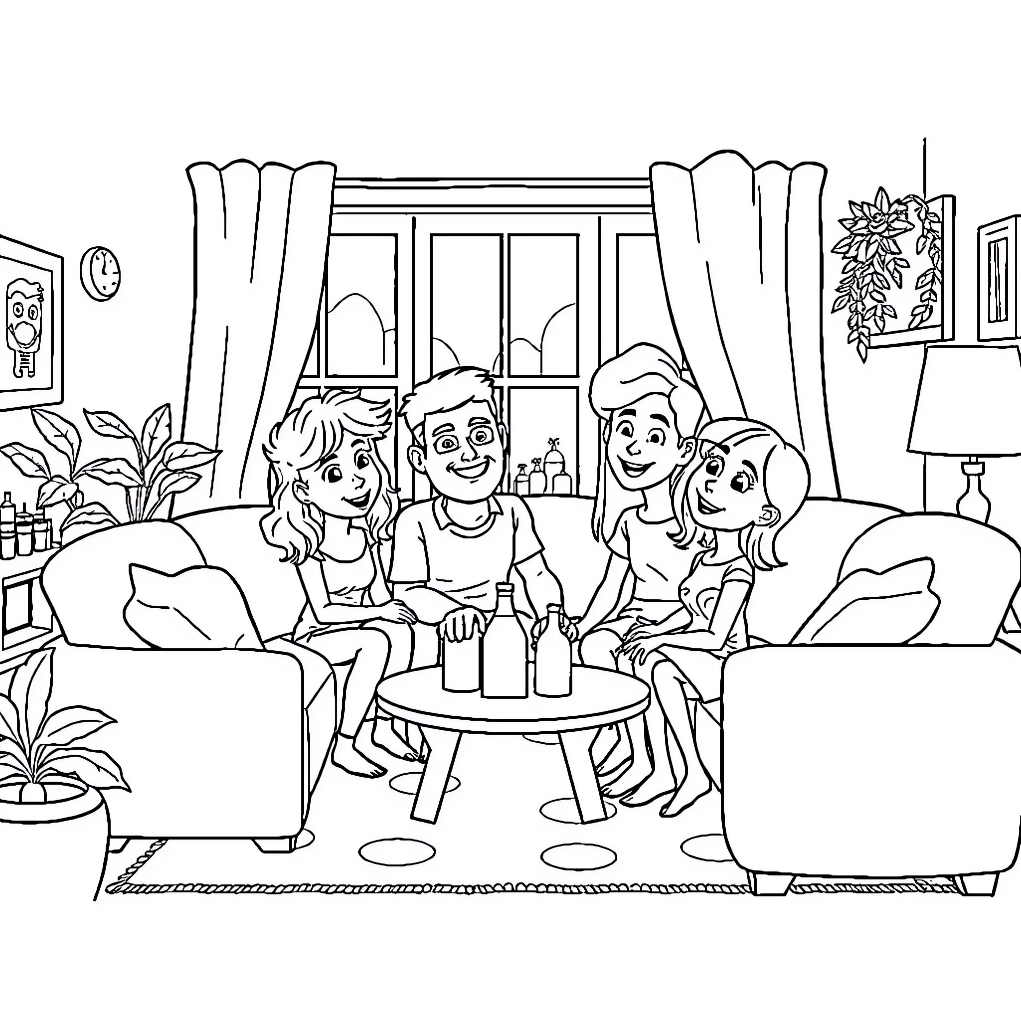 Family Enjoying a Cozy Gathering at Home Coloring Page (free black-and-white line drawing printable PDF for all, from beginners to advanced learners, including children, teens, adults, and seniors)