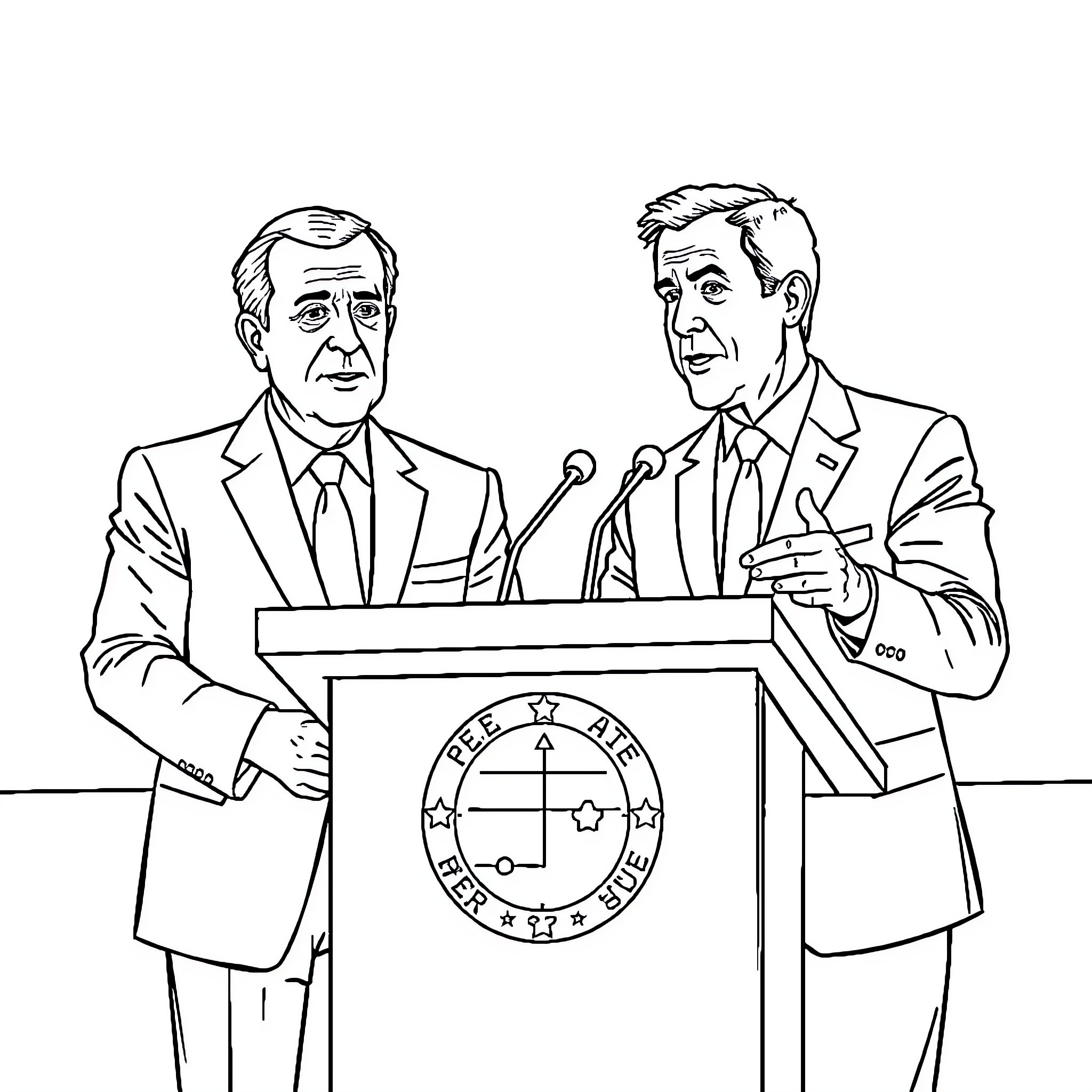 Lepen and Sarkozy at a political event Coloring Page (free black-and-white line drawing printable PDF for all, from beginners to advanced learners, including children, teens, adults, and seniors)