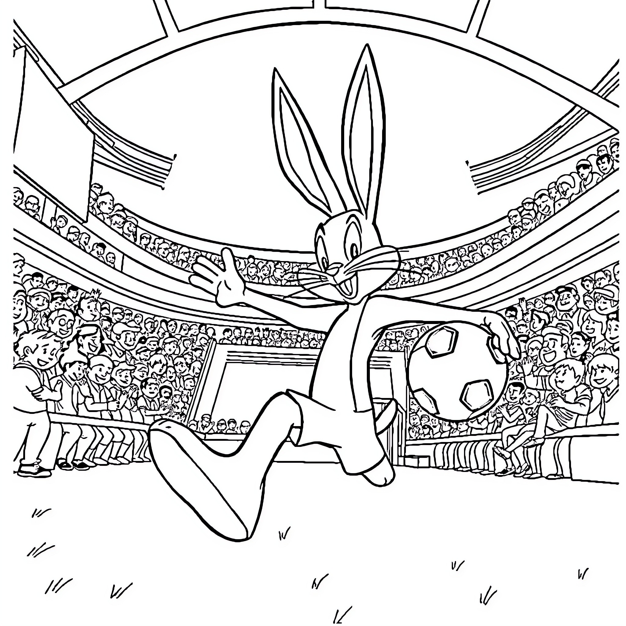 Bugs Bunny playing soccer in the stadium Coloring Page (free black-and-white line drawing printable PDF for all, from beginners to advanced learners, including children, teens, adults, and seniors)
