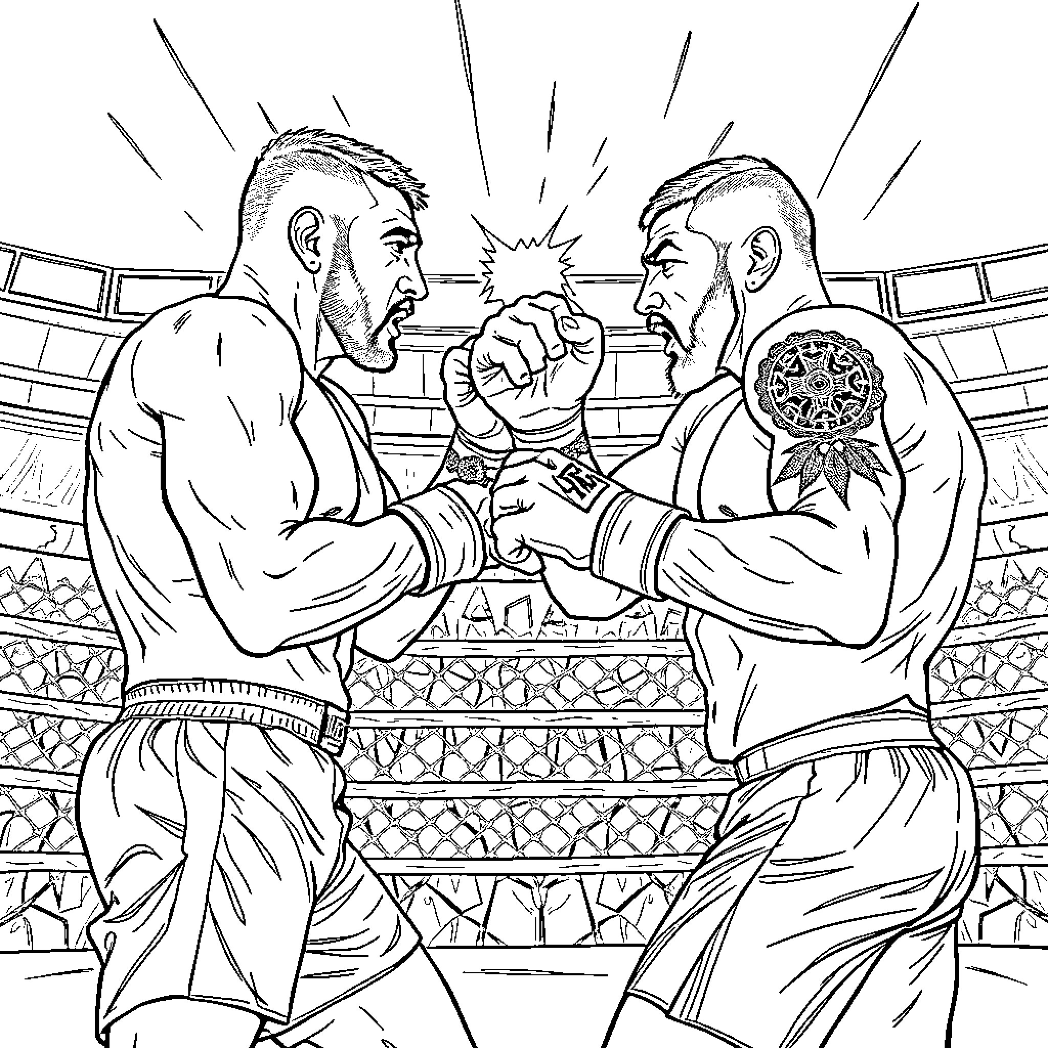 Fighter Opponents Battling Intensely in the Ring Coloring Page (free black-and-white line drawing printable PDF for all, from beginners to advanced learners, including children, teens, adults, and seniors)