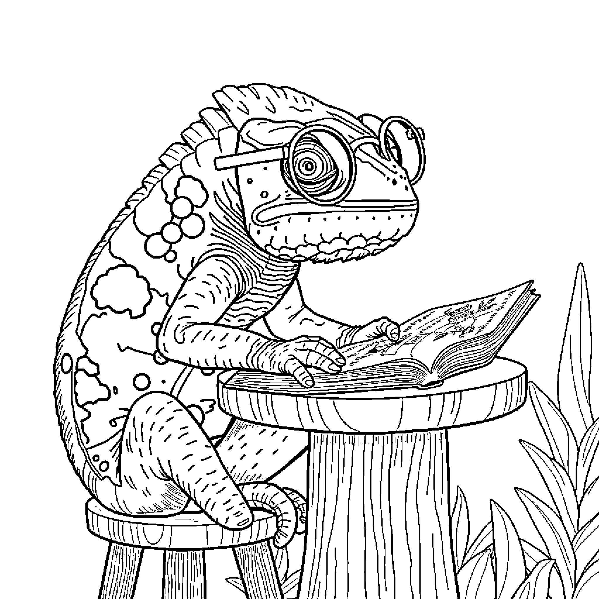 Chameleon reading a book in the garden Coloring Page (free black-and-white line drawing printable PDF for all, from beginners to advanced learners, including children, teens, adults, and seniors)