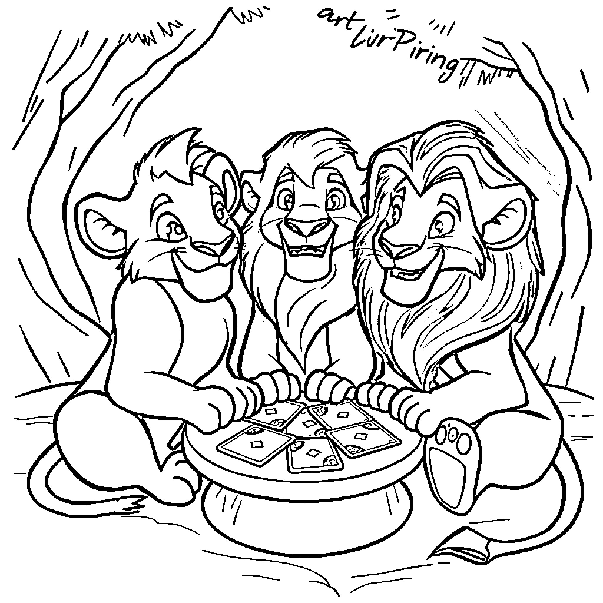 Lion trio playing card games in the jungle Coloring Page (free black-and-white line drawing printable PDF for all, from beginners to advanced learners, including children, teens, adults, and seniors)