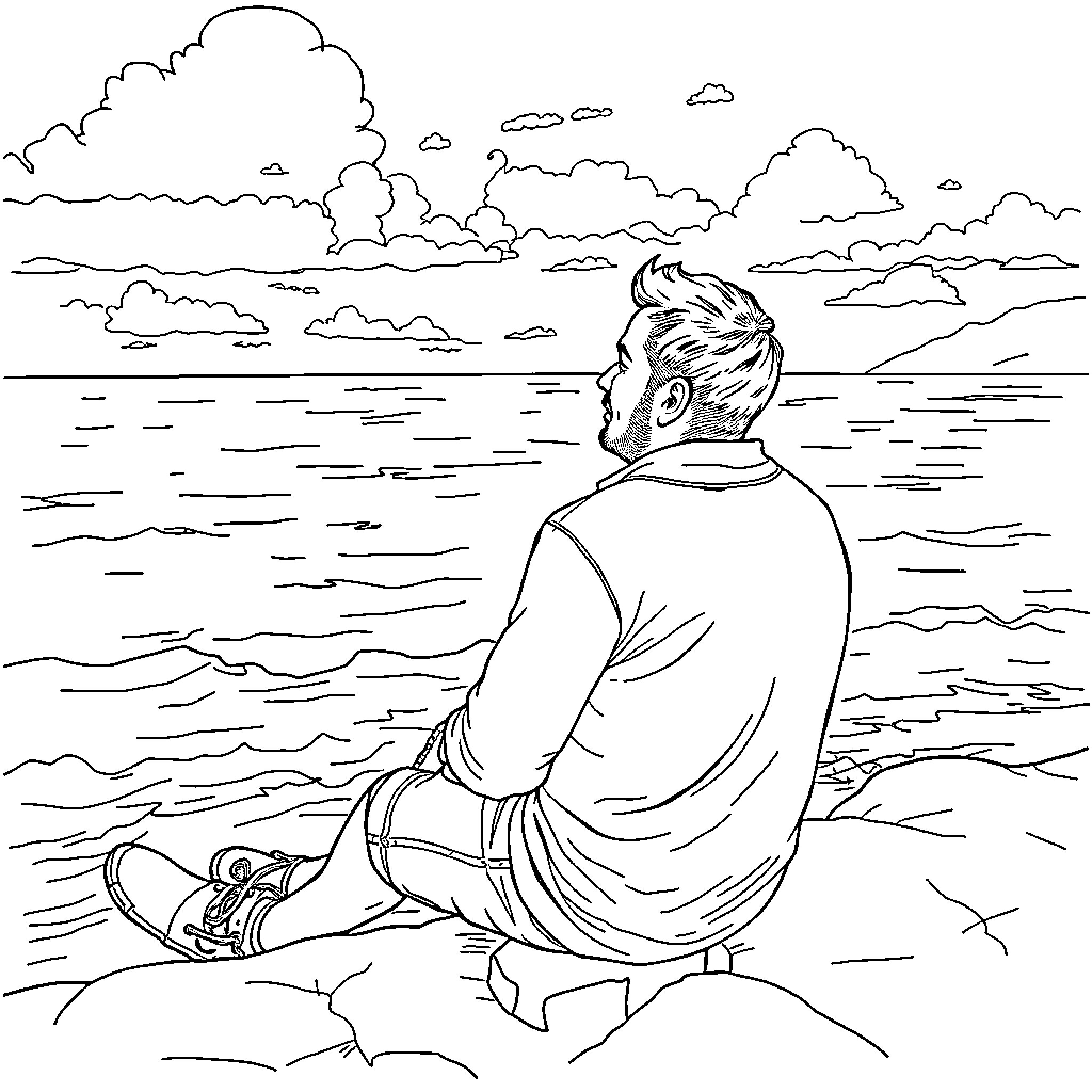 Conrad contemplates the serene ocean landscape Coloring Page (free black-and-white line drawing printable PDF for all, from beginners to advanced learners, including children, teens, adults, and seniors)