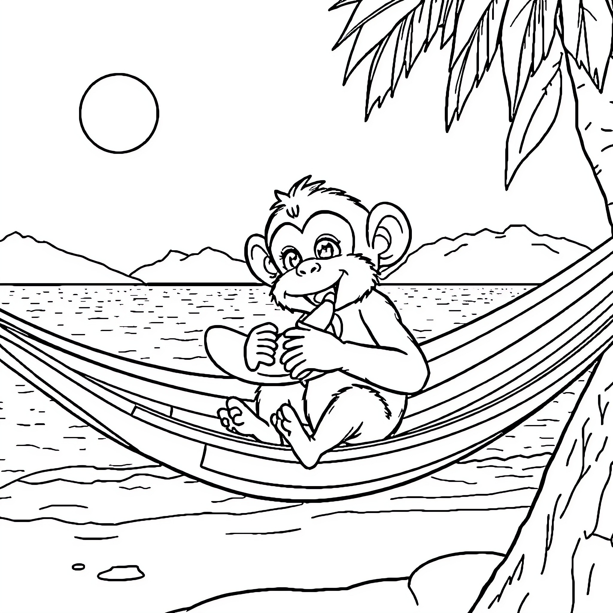 Monkey relaxing in hammock on beach Coloring Page (free black-and-white line drawing printable PDF for all, from beginners to advanced learners, including children, teens, adults, and seniors)