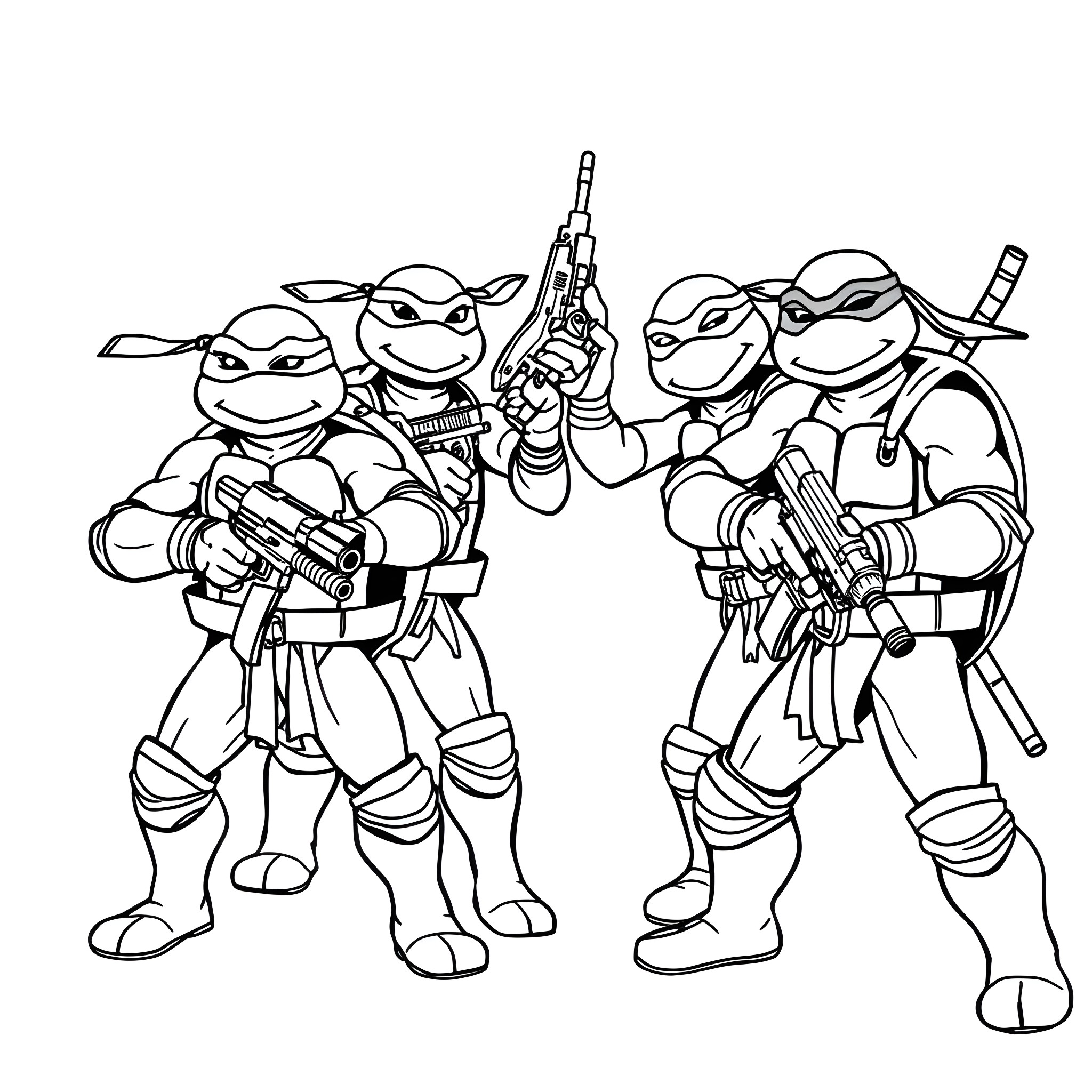 Ninja Turtles in action poses with weapons Coloring Page (free black-and-white line drawing printable PDF for all, from beginners to advanced learners, including children, teens, adults, and seniors)