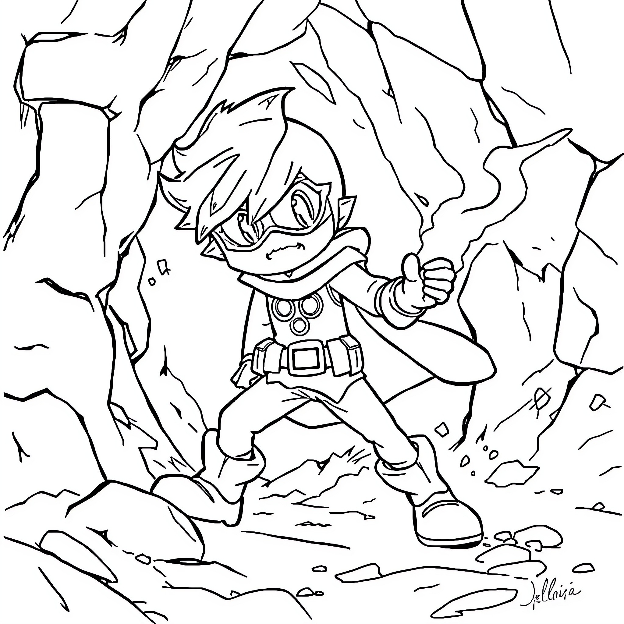 Deku in Action on a Rocky Terrain Coloring Page (free black-and-white line drawing printable PDF for all, from beginners to advanced learners, including children, teens, adults, and seniors)