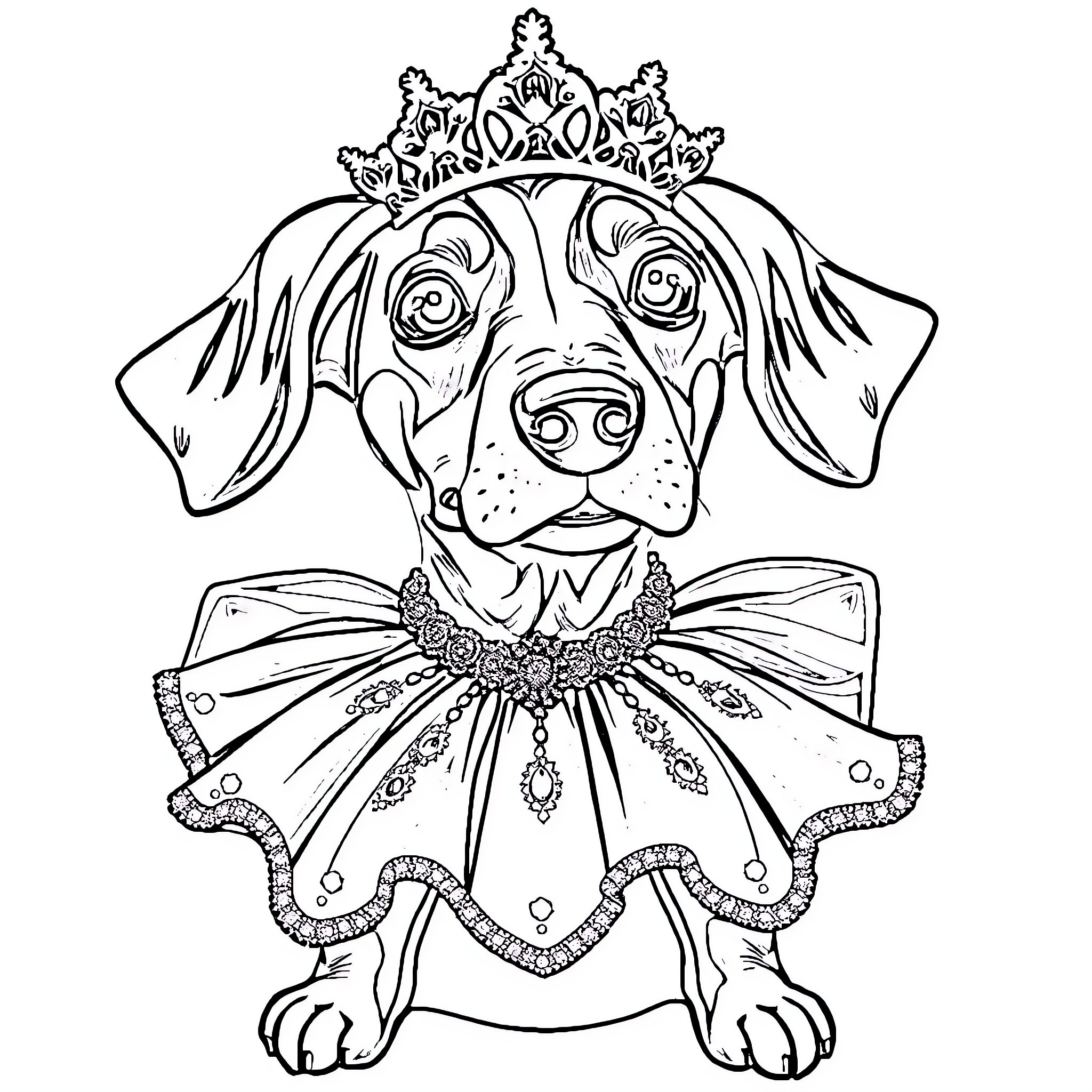 Coonhound wearing a crown and ornate dress Coloring Page (free black-and-white line drawing printable PDF for all, from beginners to advanced learners, including children, teens, adults, and seniors)