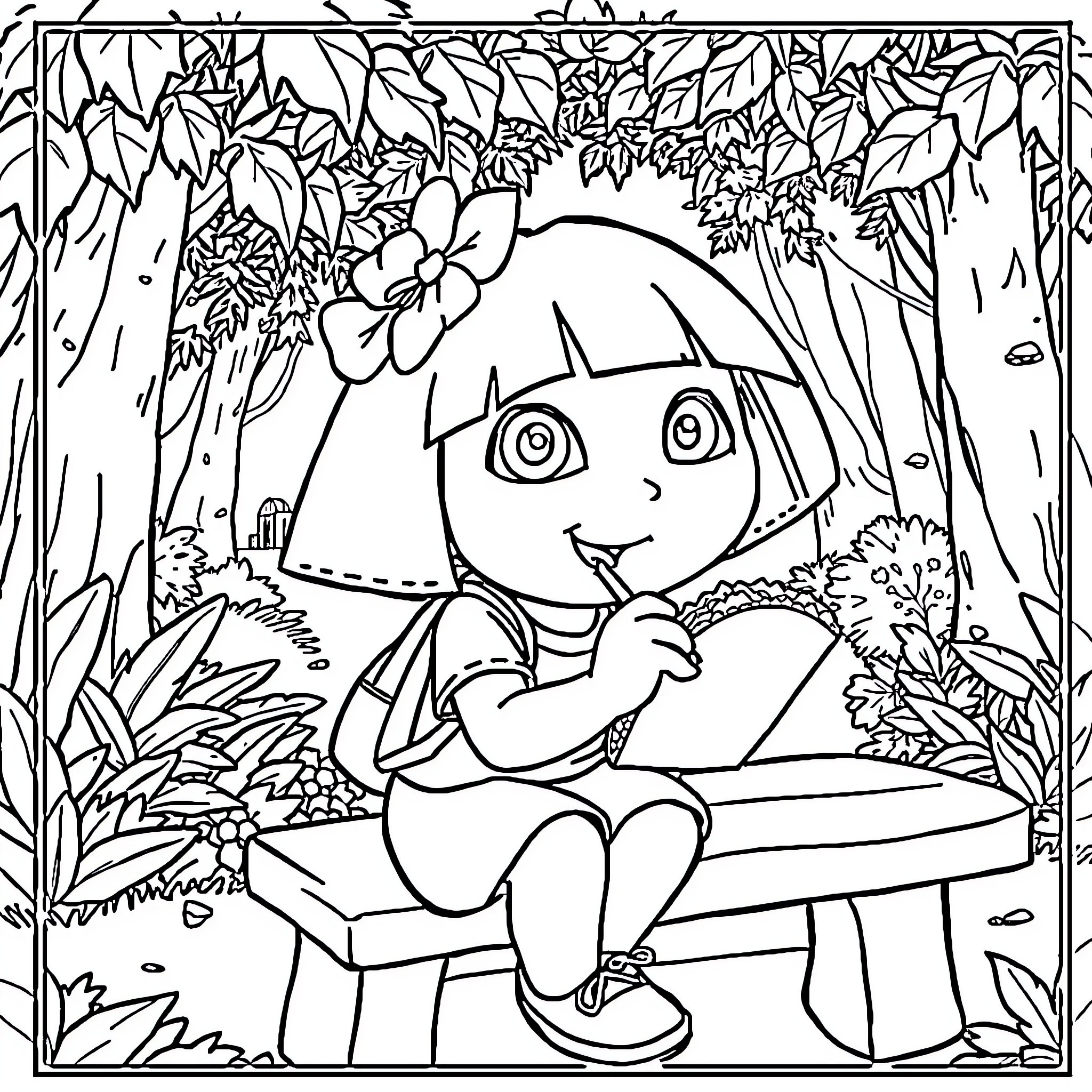 Dora explores the lush garden Coloring Page (free black-and-white line drawing printable PDF for all, from beginners to advanced learners, including children, teens, adults, and seniors)
