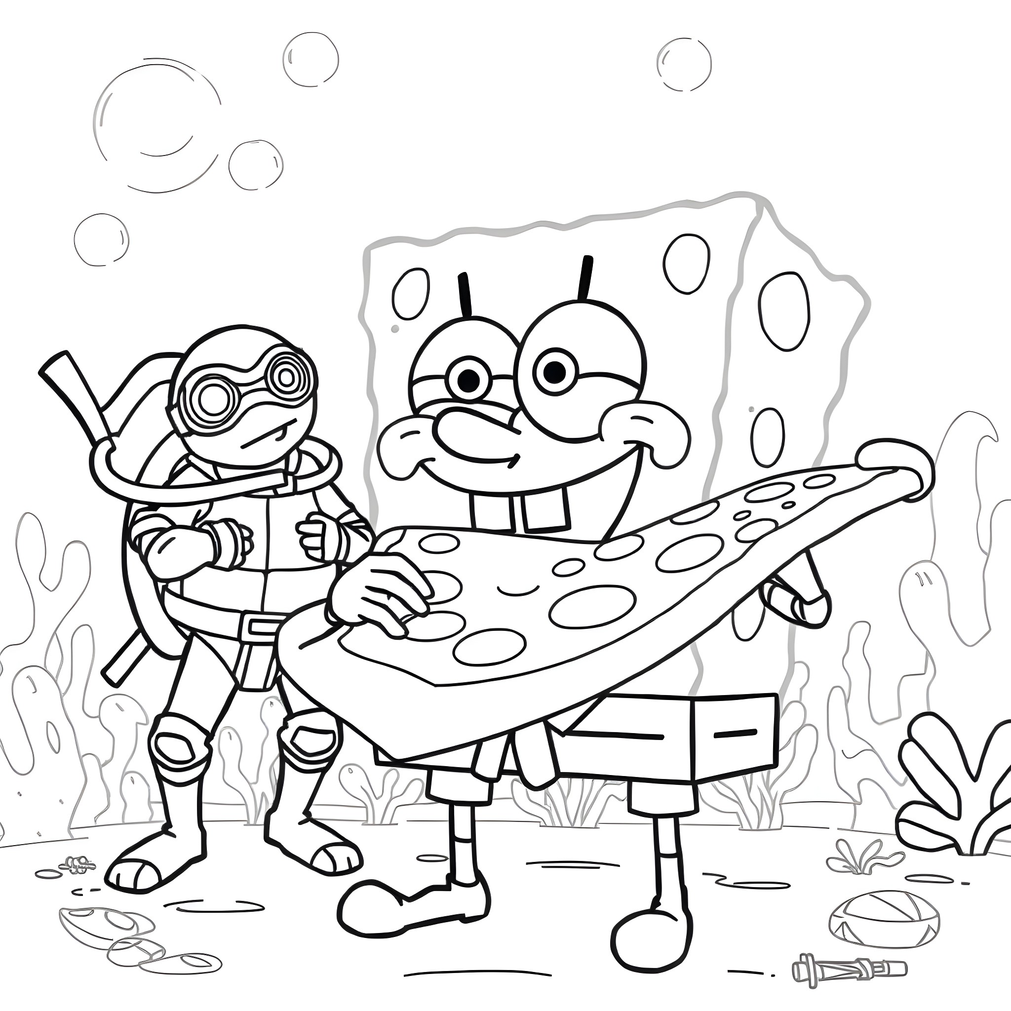 Spongebob and Patrick in a Quirky Underwater Adventure Coloring Page (free black-and-white line drawing printable PDF for all, from beginners to advanced learners, including children, teens, adults, and seniors)