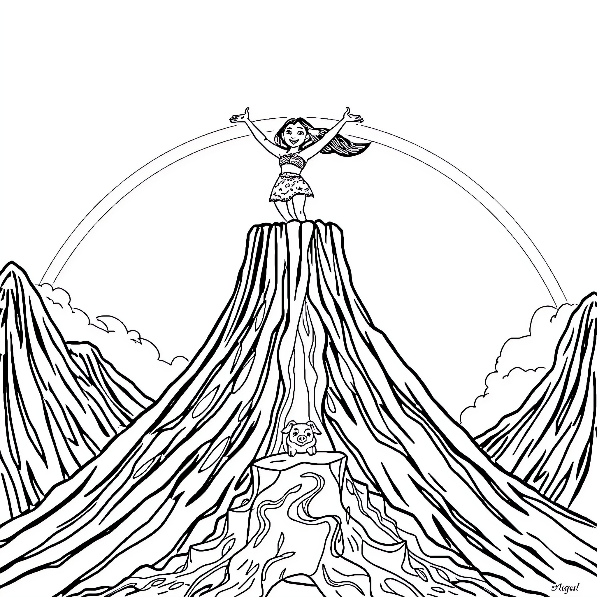 Volcano erupting with dancing figure Coloring Page (free black-and-white line drawing printable PDF for all, from beginners to advanced learners, including children, teens, adults, and seniors)