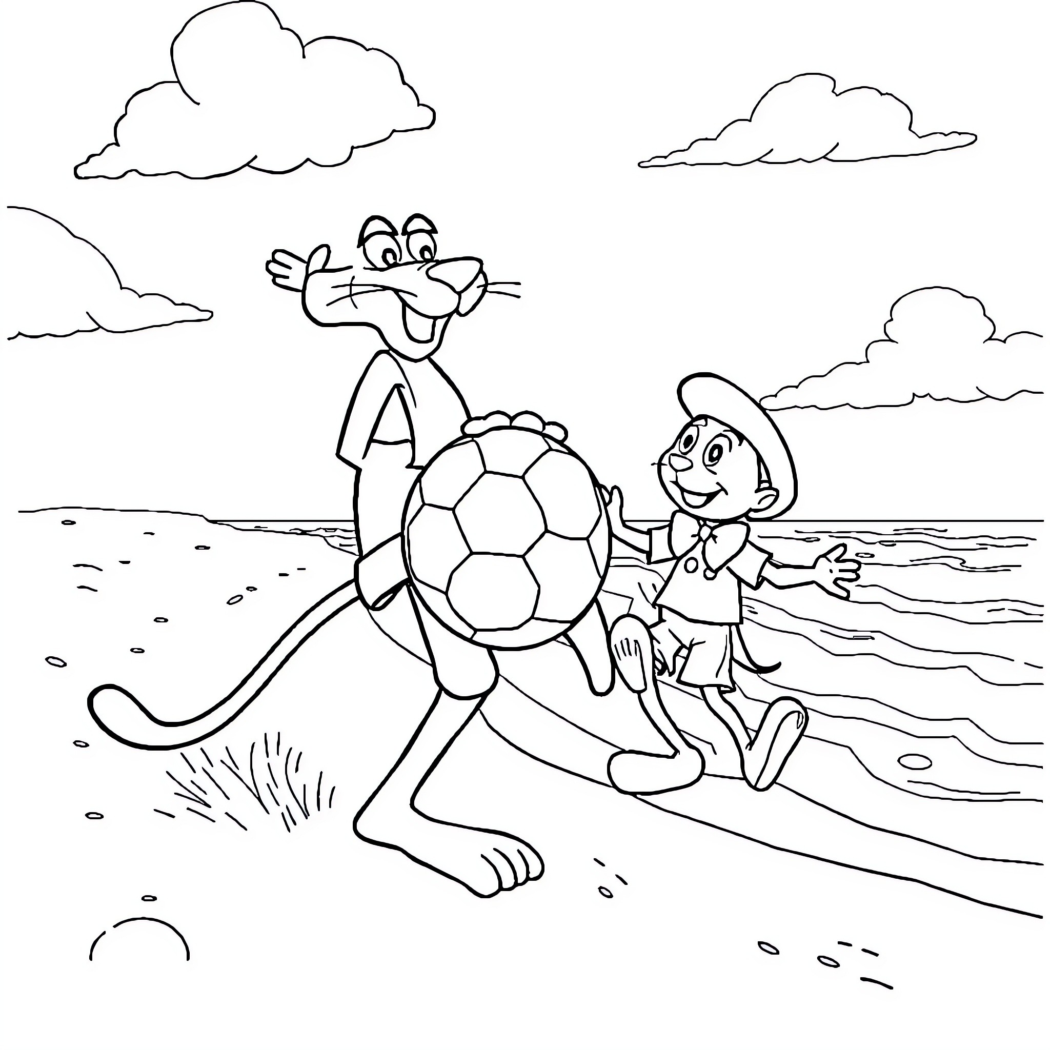 Pink Panther playing soccer with cartoon friend Coloring Page (free black-and-white line drawing printable PDF for all, from beginners to advanced learners, including children, teens, adults, and seniors)