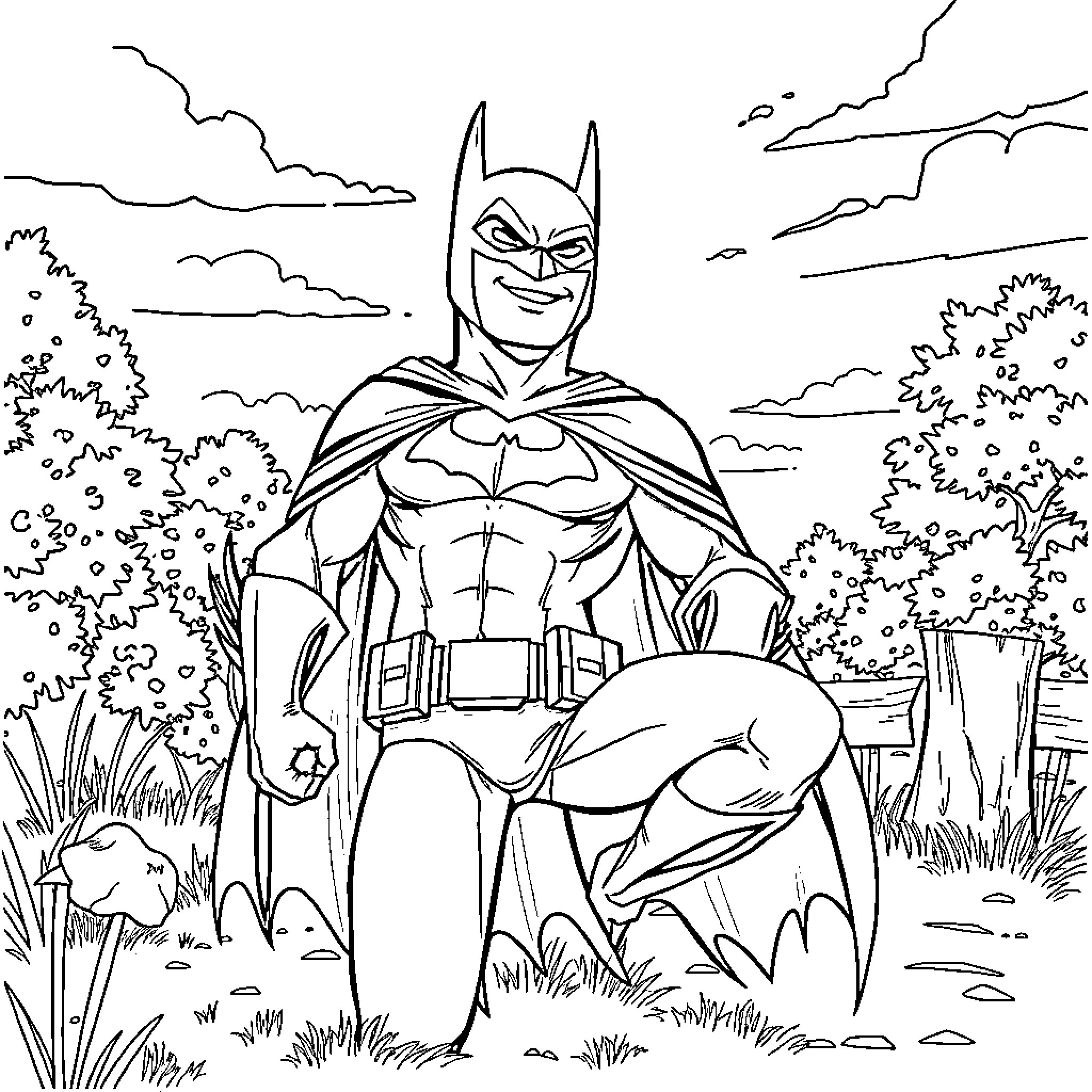 Batman standing heroically in the wilderness Coloring Page (free black-and-white line drawing printable PDF for all, from beginners to advanced learners, including children, teens, adults, and seniors)