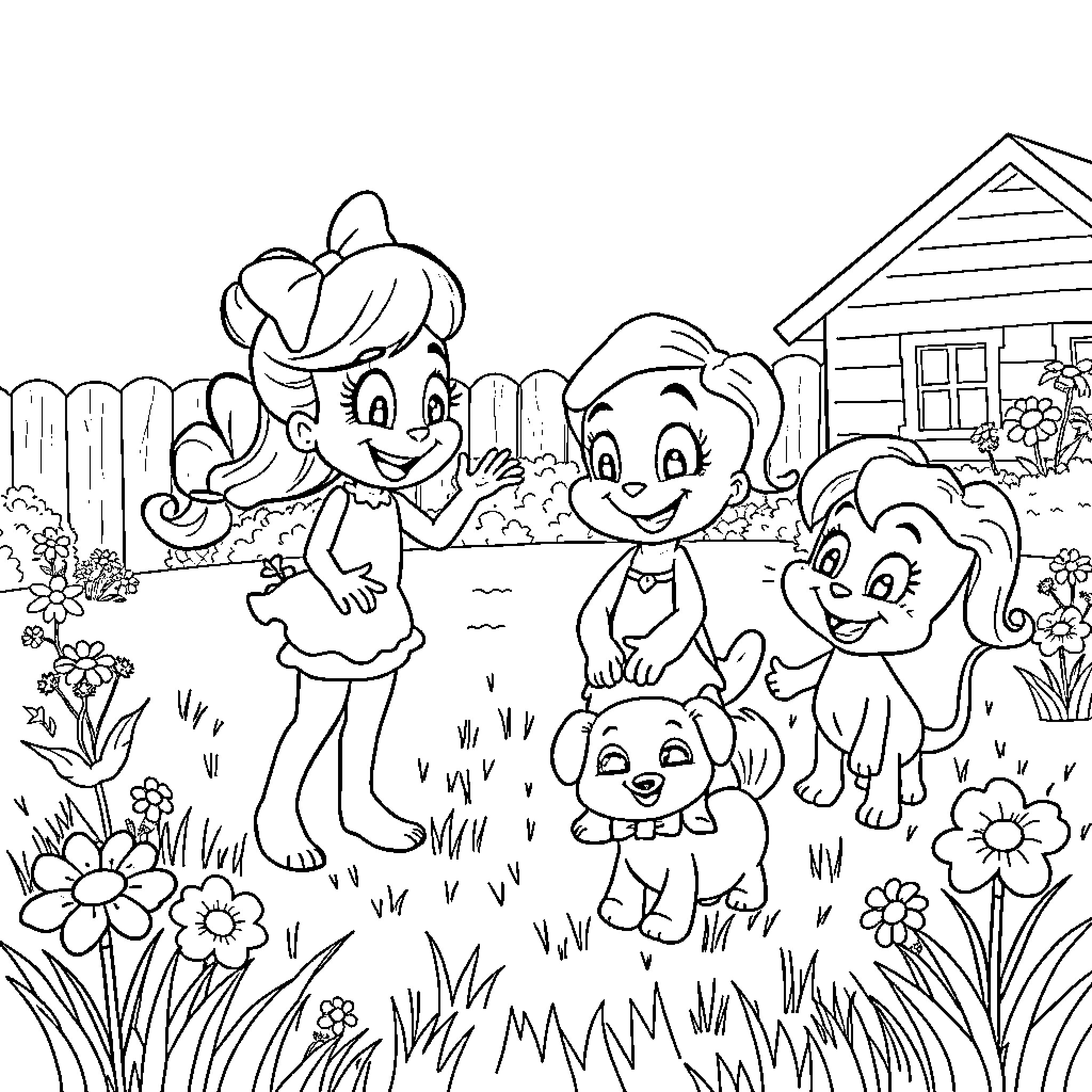 Bluey and family explore the backyard Coloring Page (free black-and-white line drawing printable PDF for all, from beginners to advanced learners, including children, teens, adults, and seniors)