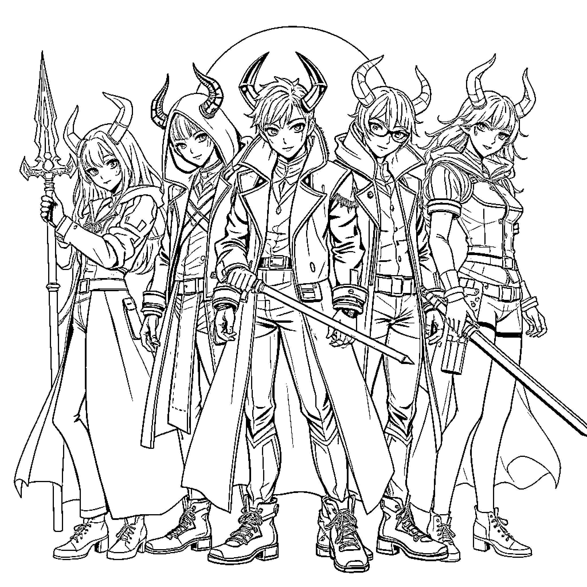 Kpop-inspired anime characters in action-ready poses Coloring Page (free black-and-white line drawing printable PDF for all, from beginners to advanced learners, including children, teens, adults, and seniors)