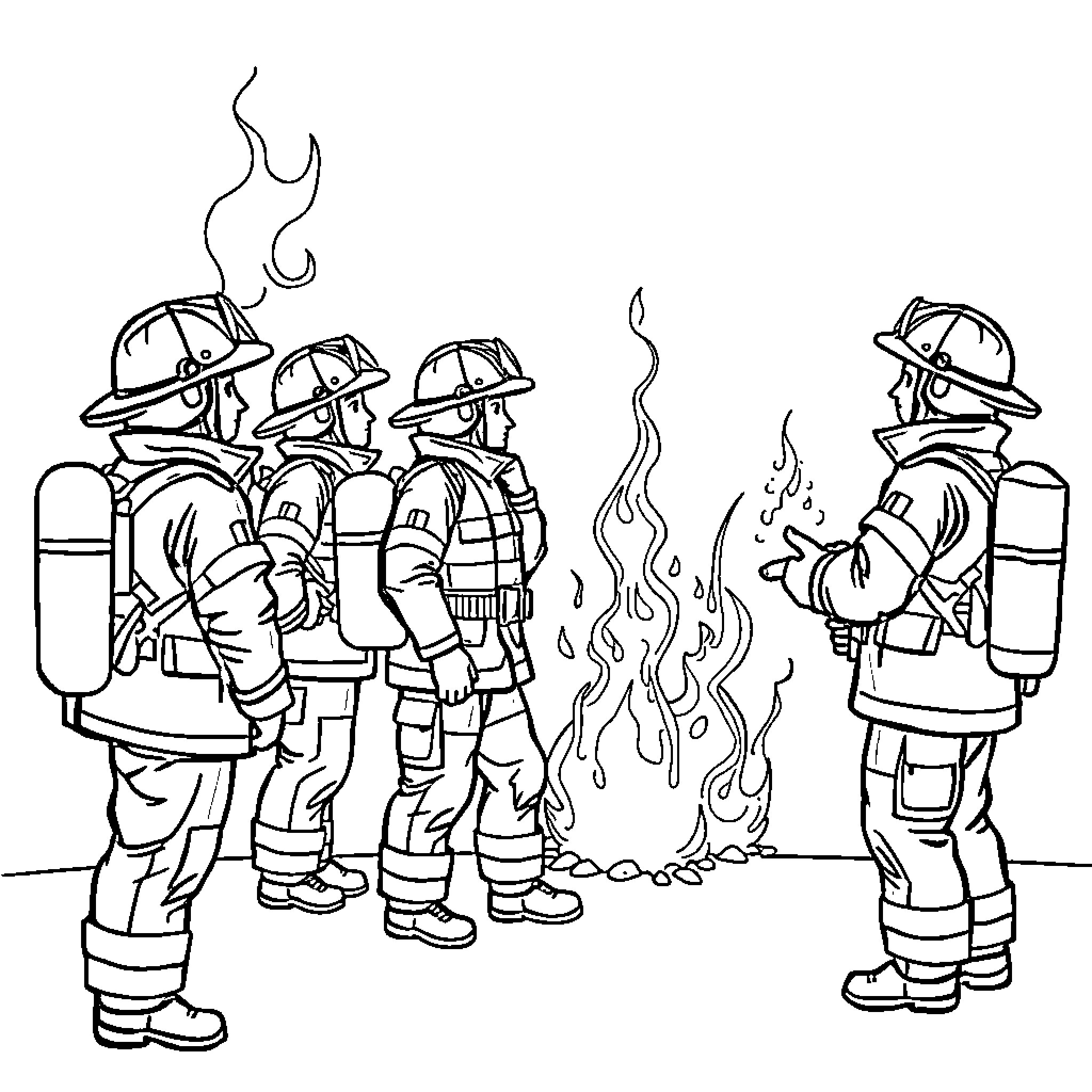 Firefighters battling flames in action-packed scene Coloring Page (free black-and-white line drawing printable PDF for all, from beginners to advanced learners, including children, teens, adults, and seniors)