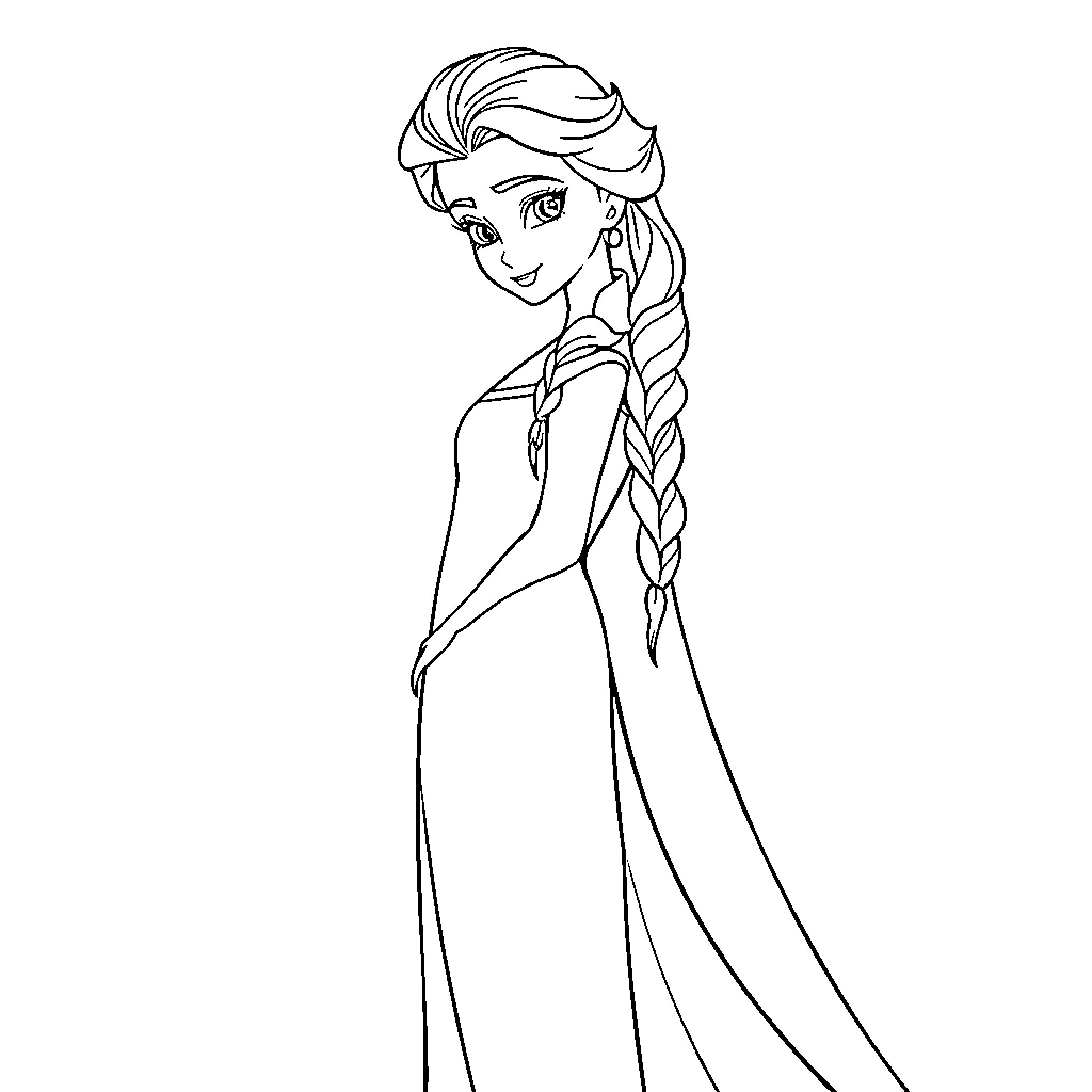 Elsa's Elegant Attire and Hairstyle Coloring Page (free black-and-white line drawing printable PDF for all, from beginners to advanced learners, including children, teens, adults, and seniors)