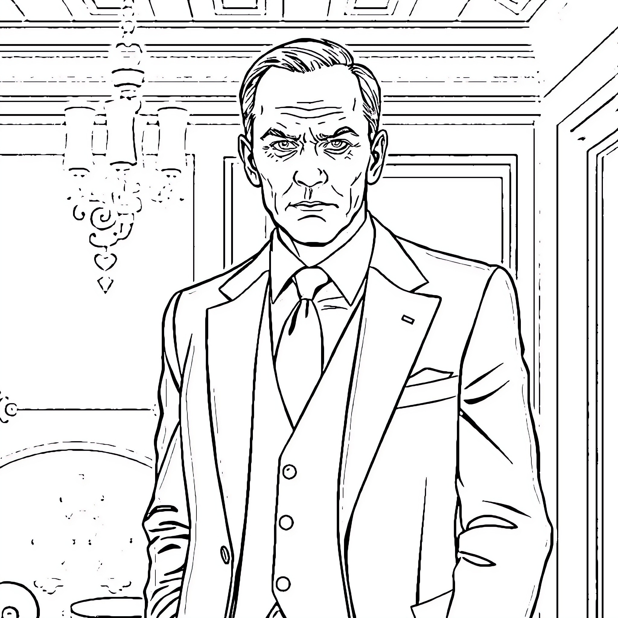 Hannibal: Stoic Gentleman's Serious Expression Coloring Page (free black-and-white line drawing printable PDF for all, from beginners to advanced learners, including children, teens, adults, and seniors)