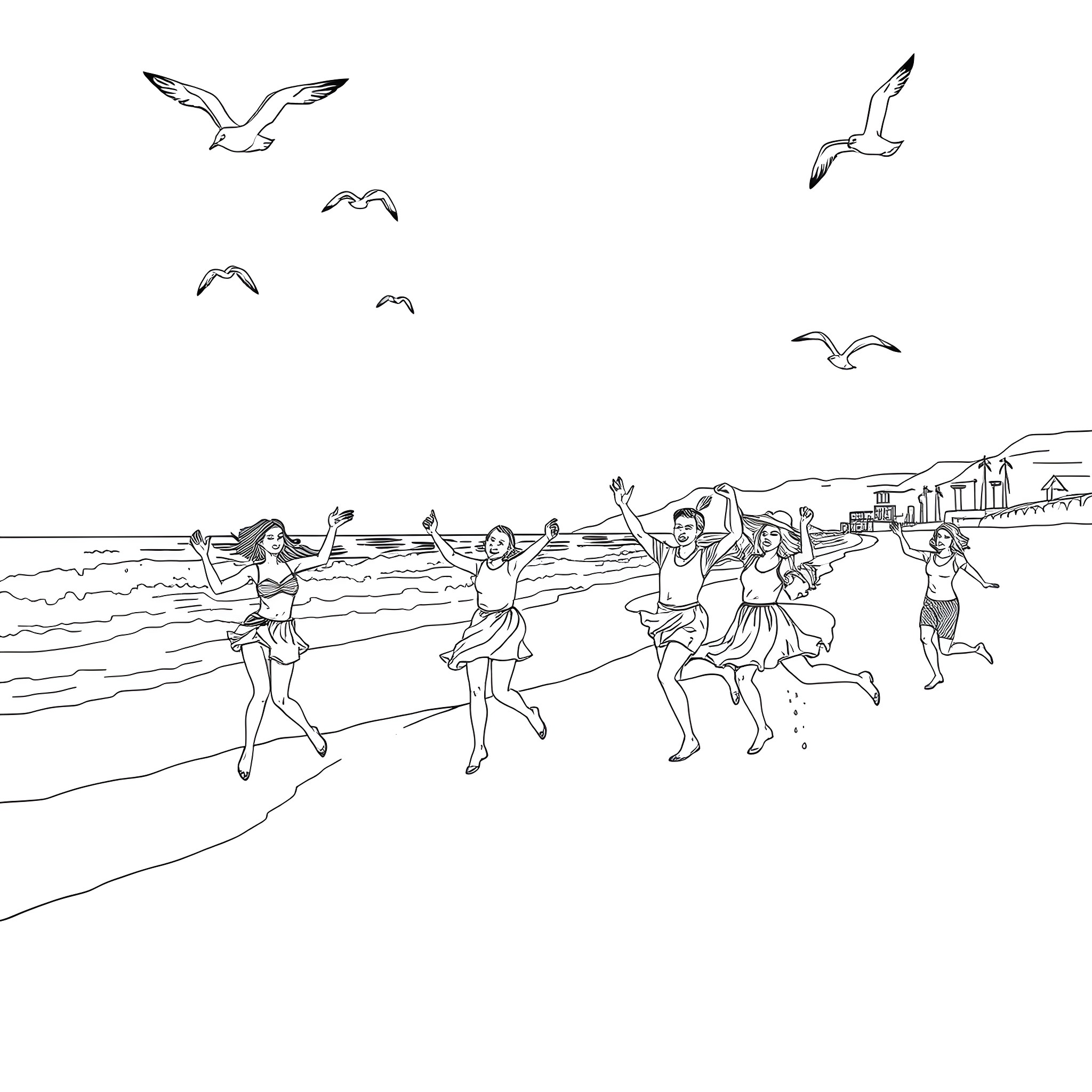 Tralalero figures dancing joyfully on the beach Coloring Page (free black-and-white line drawing printable PDF for all, from beginners to advanced learners, including children, teens, adults, and seniors)