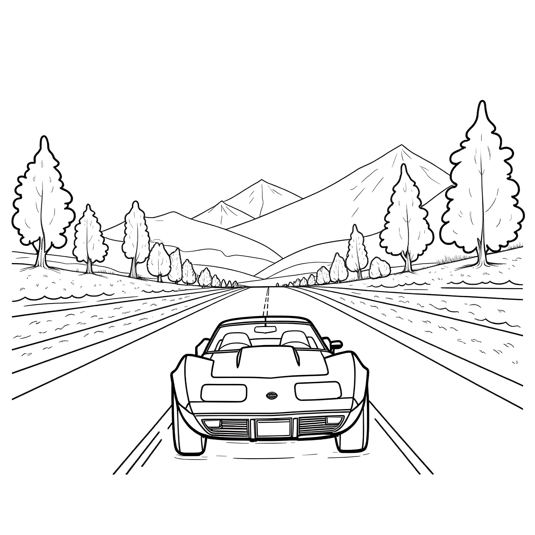 Corvette racing down a scenic mountain road Coloring Page (free black-and-white line drawing printable PDF for all, from beginners to advanced learners, including children, teens, adults, and seniors)