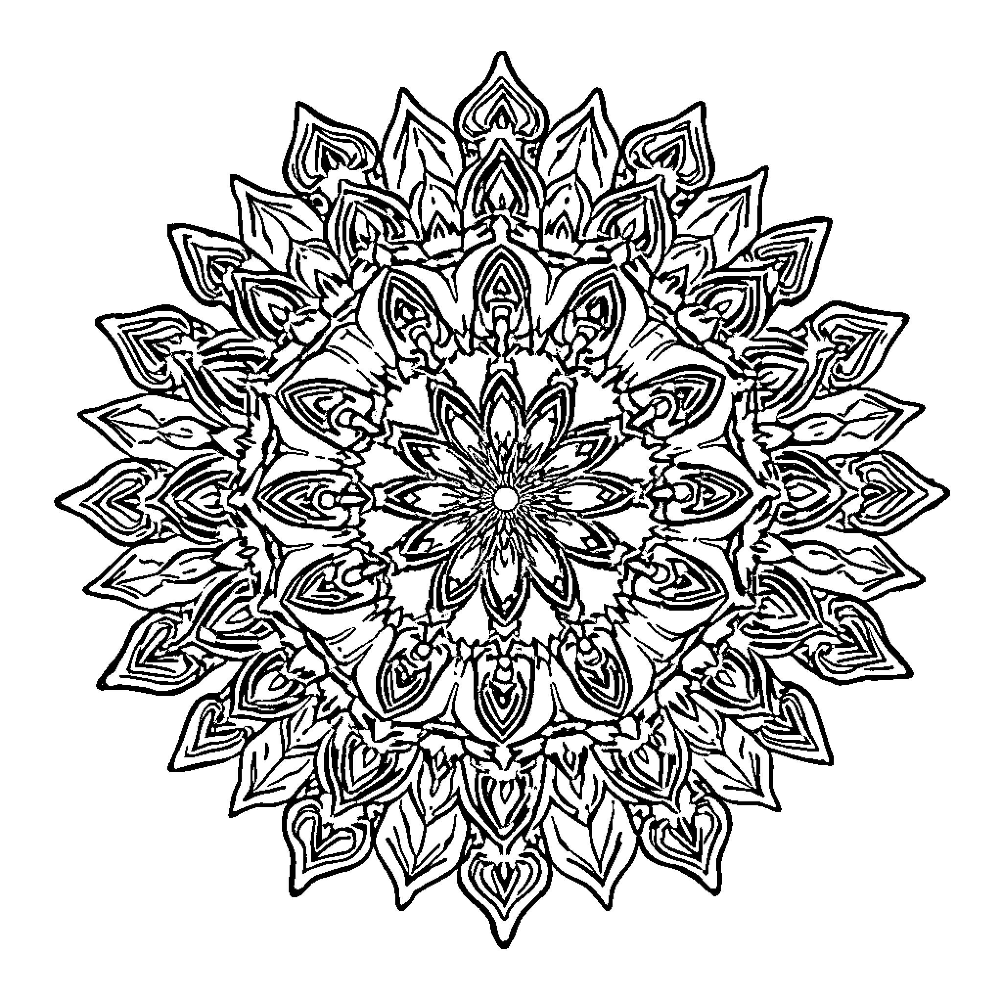 Mandala with intricate floral and geometric patterns Coloring Page (free black-and-white line drawing printable PDF for all, from beginners to advanced learners, including children, teens, adults, and seniors)