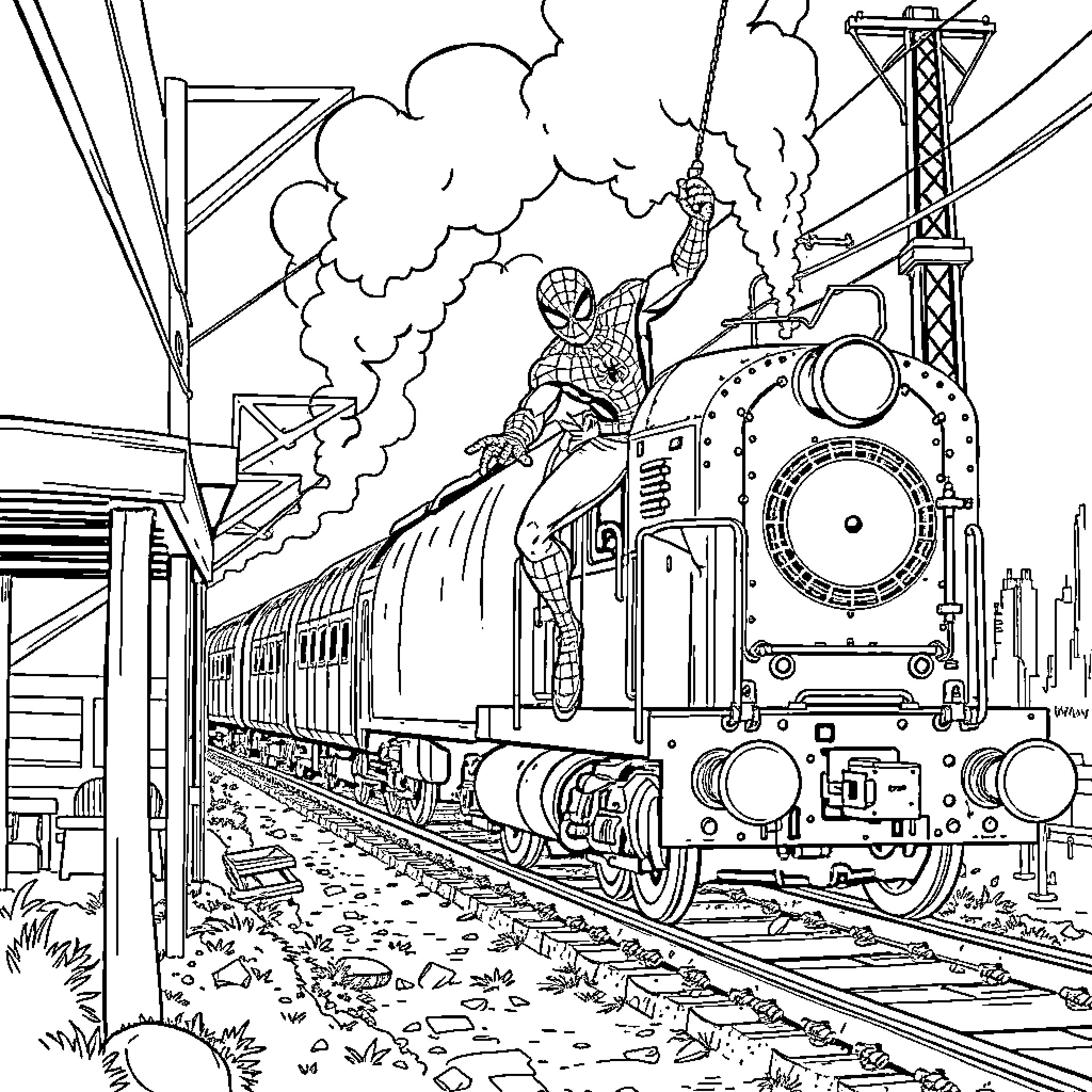 Spiderman swinging on a speeding train through a dramatic cityscape Coloring Page (free black-and-white line drawing printable PDF for all, from beginners to advanced learners, including children, teens, adults, and seniors)